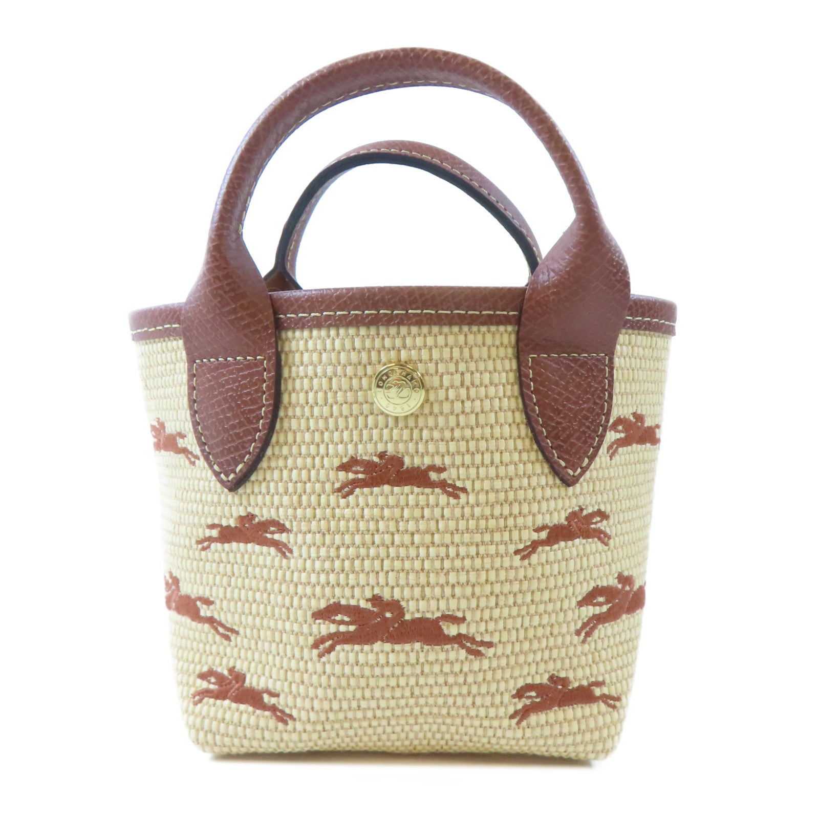 Longchamp 藤料/牛皮皮革Le Panier Pliage Basket金扣手挽肩背兩用袋啡色