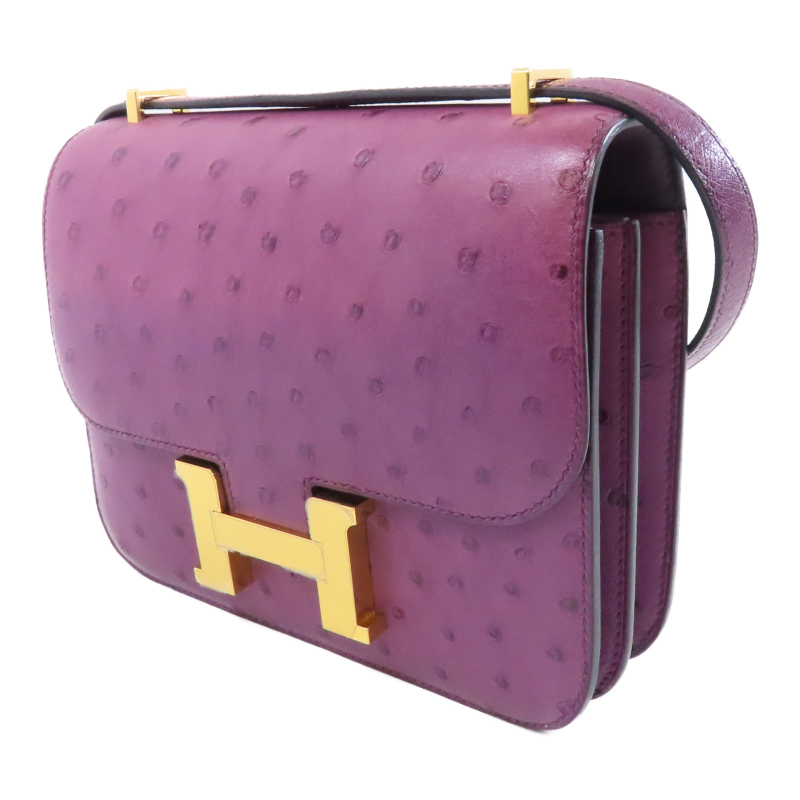 HERMES 鴕鳥皮革Constance Mini金扣肩背袋Anemone紫色