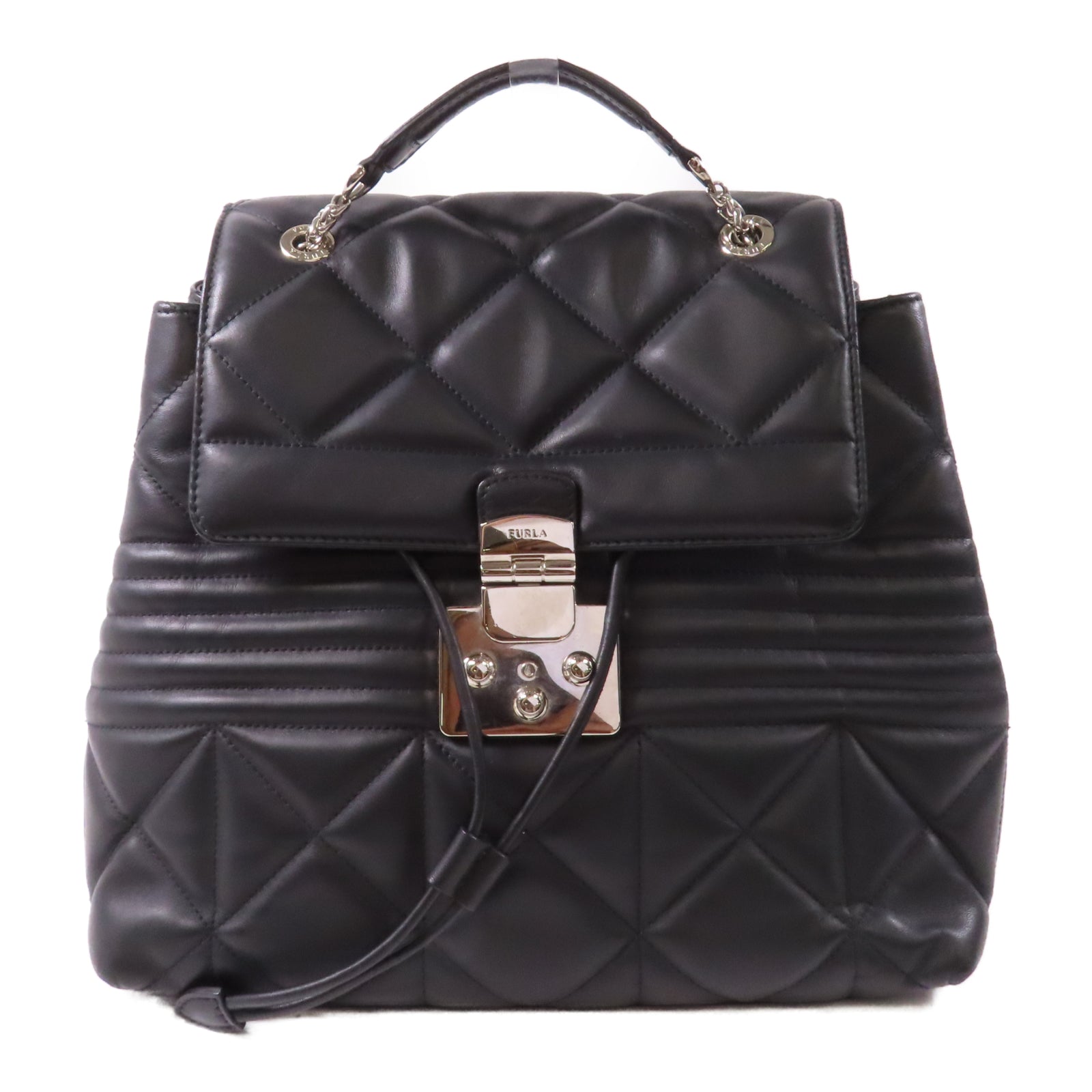 Furla 牛皮皮革Backpack銀扣鏈帶背包黑色