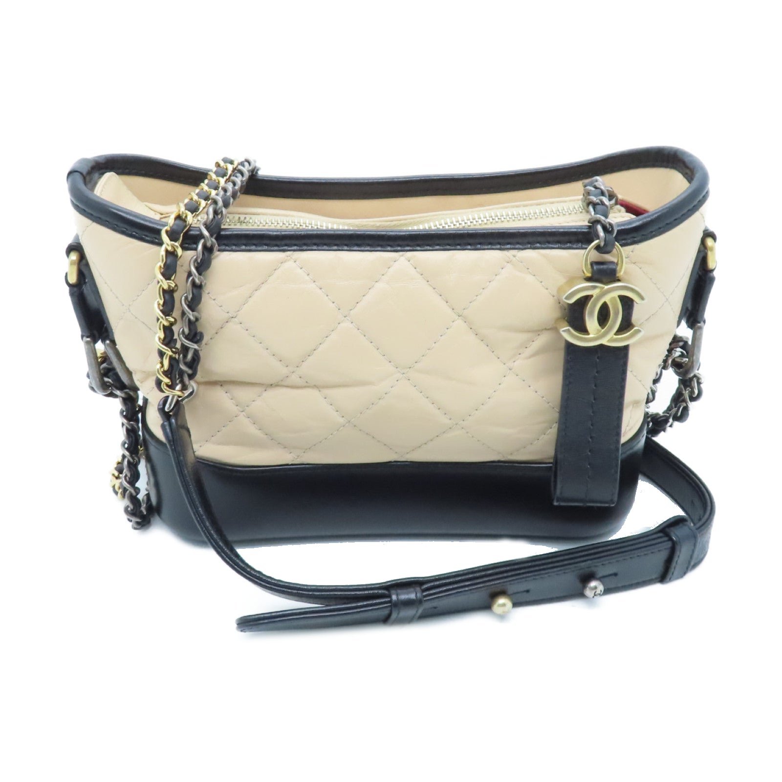 CHANEL rhombic cowhide leather Gabrielle Chain Shoulder silver buckle chain shoulder bag beige