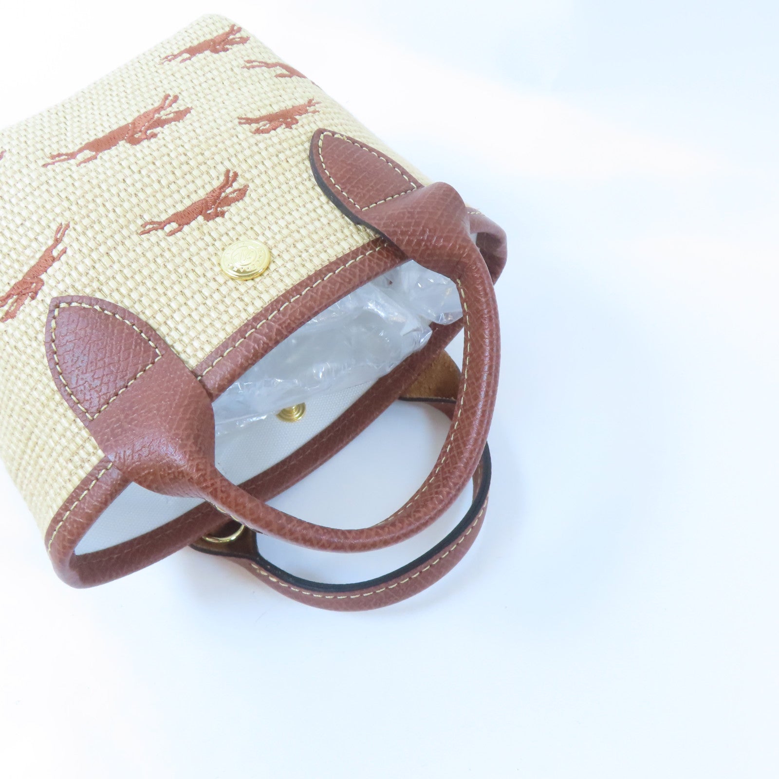 Longchamp 藤料/牛皮皮革Le Panier Pliage Basket金扣手挽肩背兩用袋啡色