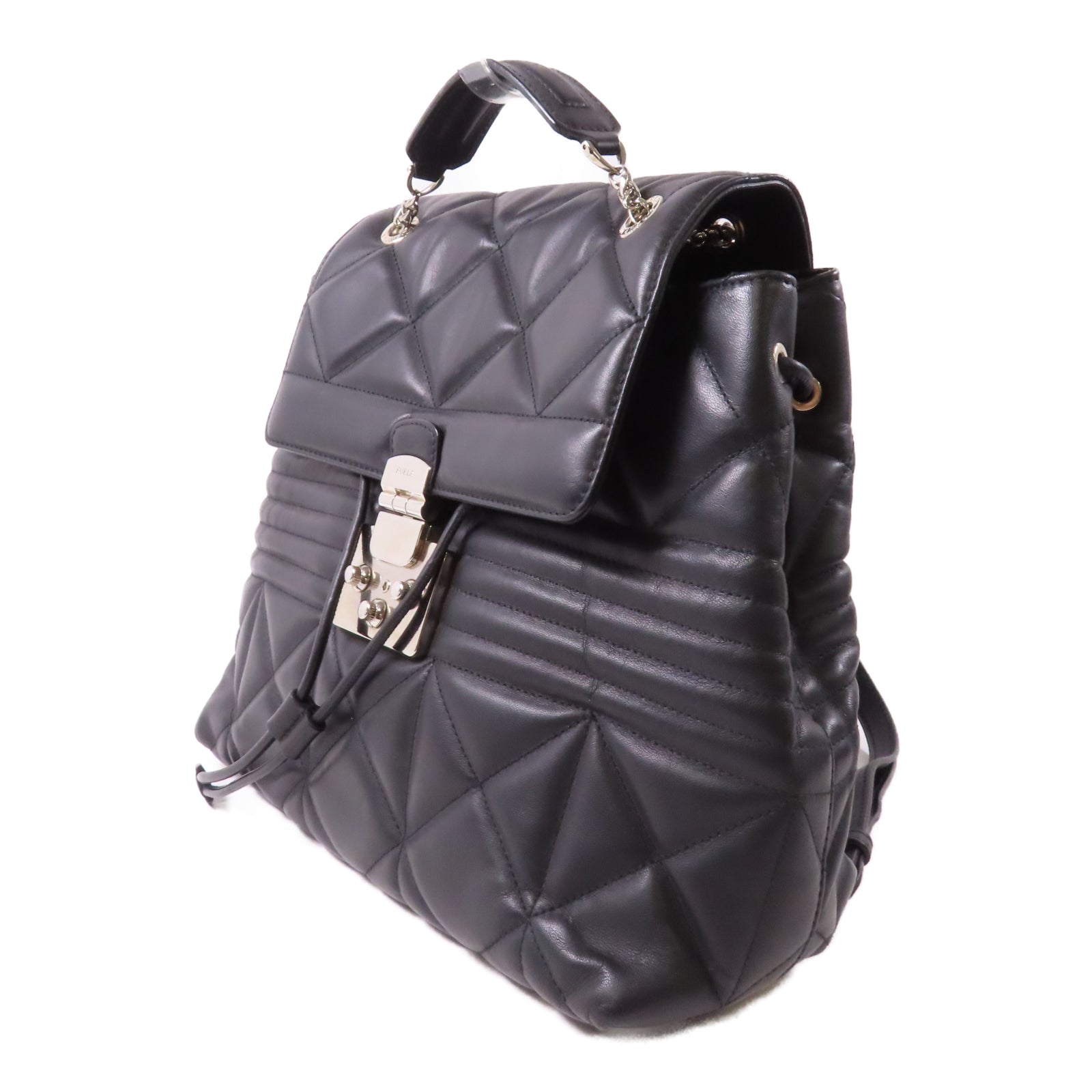 Furla 牛皮皮革Backpack銀扣鏈帶背包黑色