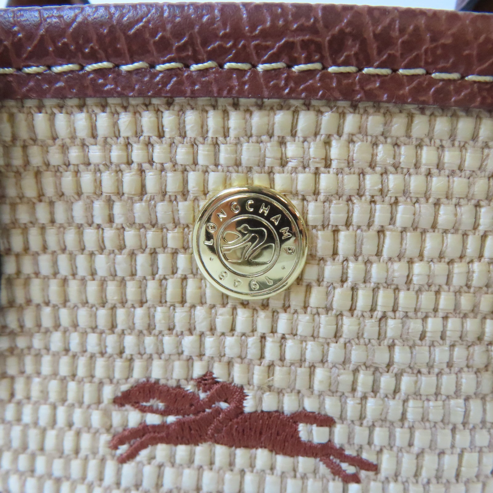 Longchamp 藤料/牛皮皮革Le Panier Pliage Basket金扣手挽肩背兩用袋啡色