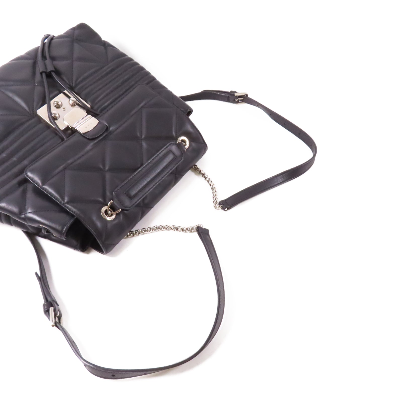 Furla 牛皮皮革Backpack銀扣鏈帶背包黑色