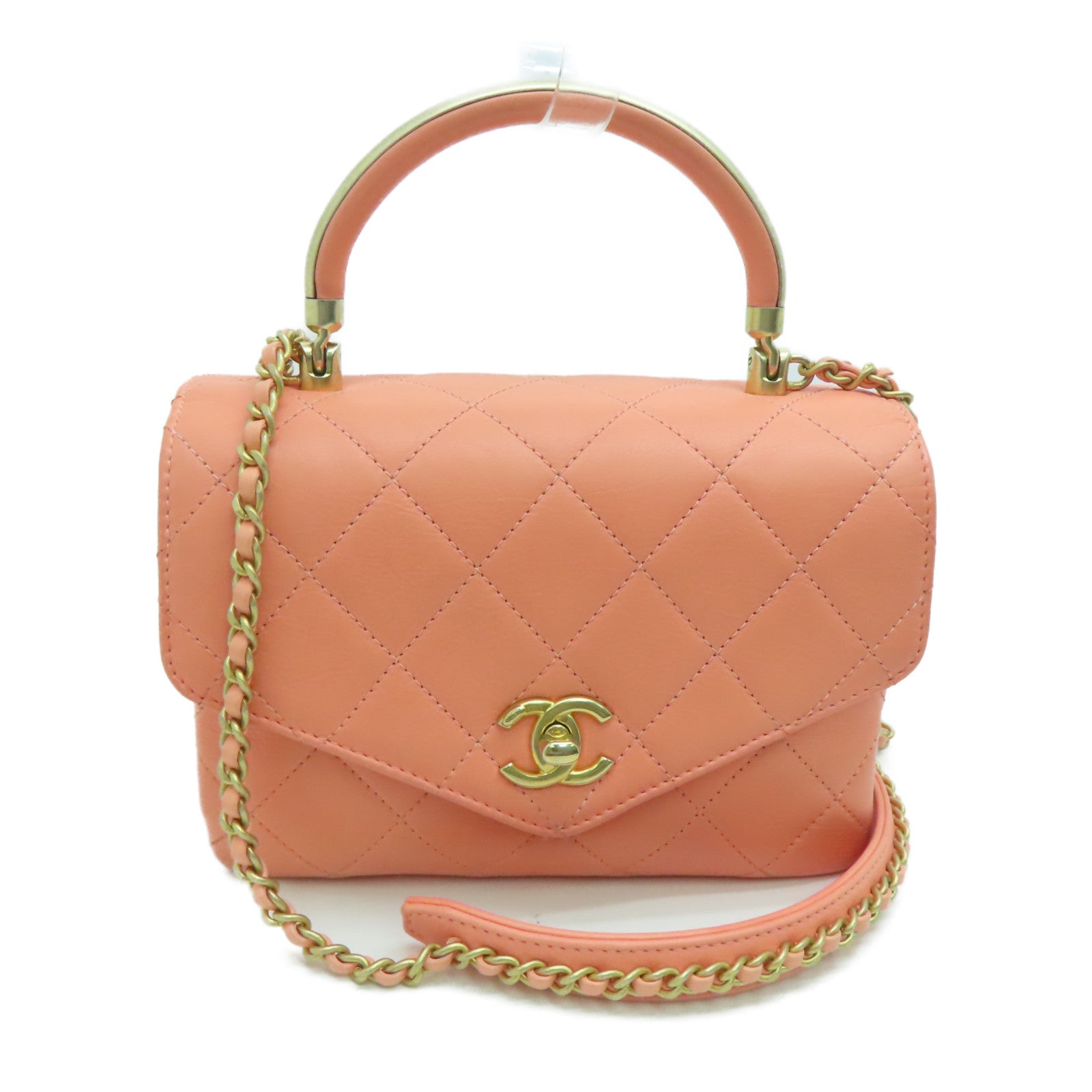 CHANEL 【清倉大減價】菱格牛皮皮革Chain Shoulder金扣手挽肩背兩用袋粉紅色