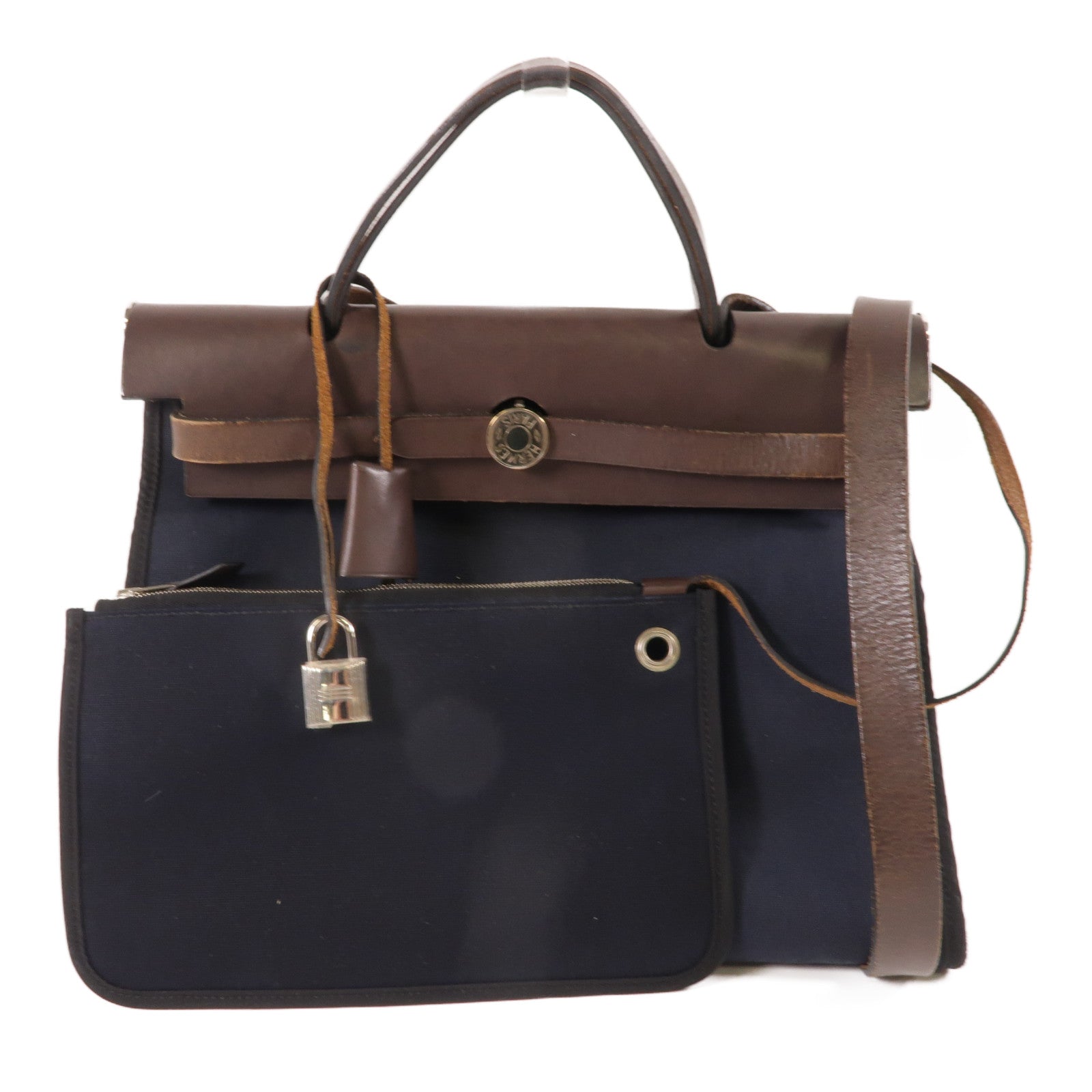 HERMES 帆布Herbag PM銀扣手挽肩背兩用袋藍色