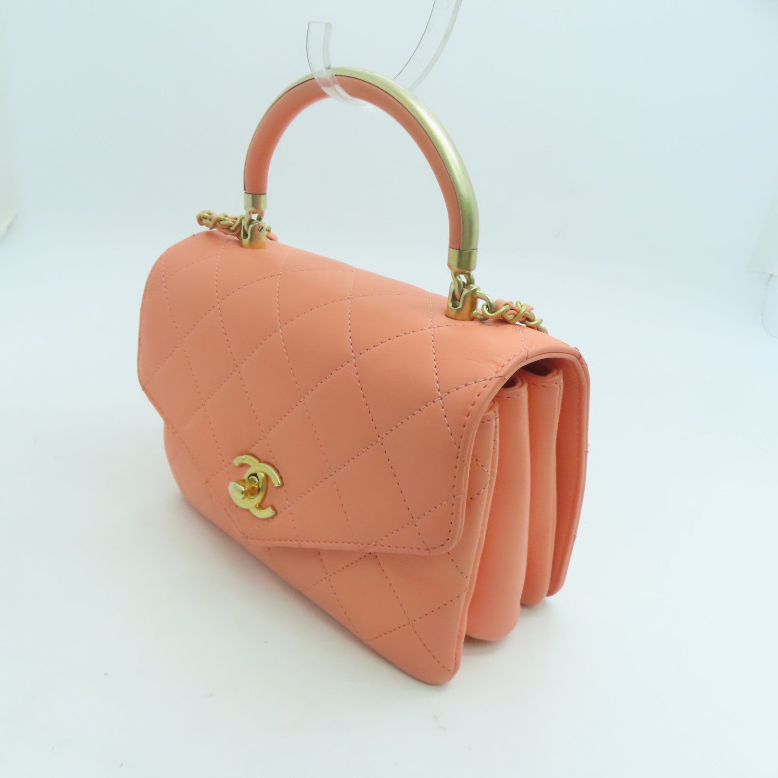CHANEL 【清倉大減價】菱格牛皮皮革Chain Shoulder金扣手挽肩背兩用袋粉紅色