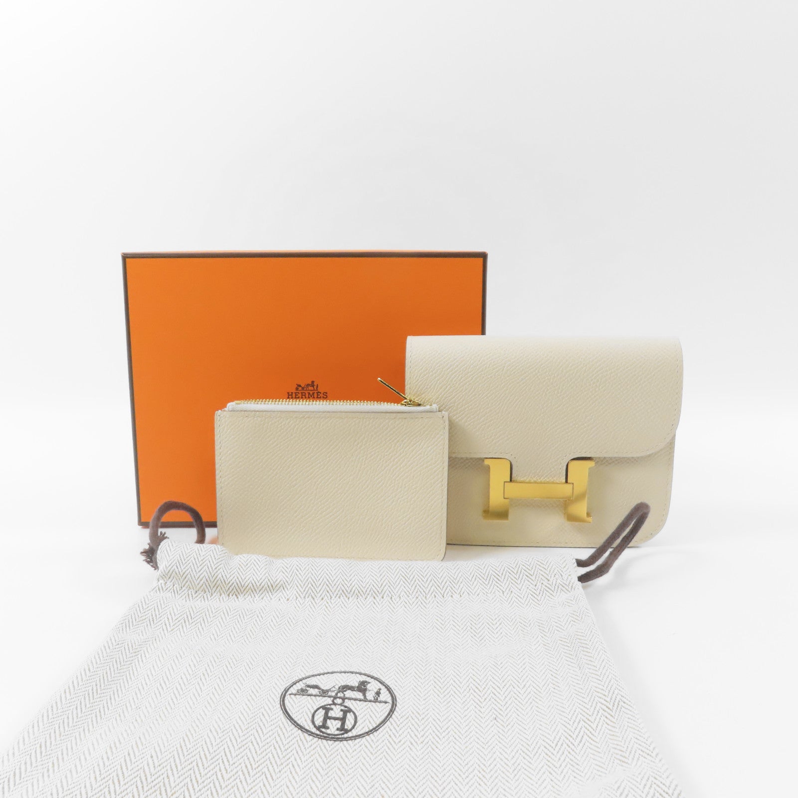 HERMES Epsom皮革Constance Slim Wallet金扣錢包Nata/米色