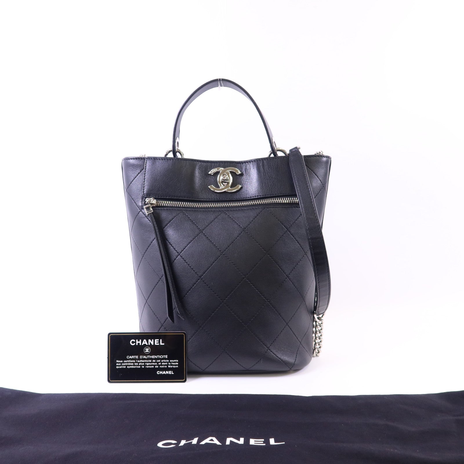 CHANEL 牛皮皮革2 Way Bucket Shoulder銀扣手挽肩背兩用袋