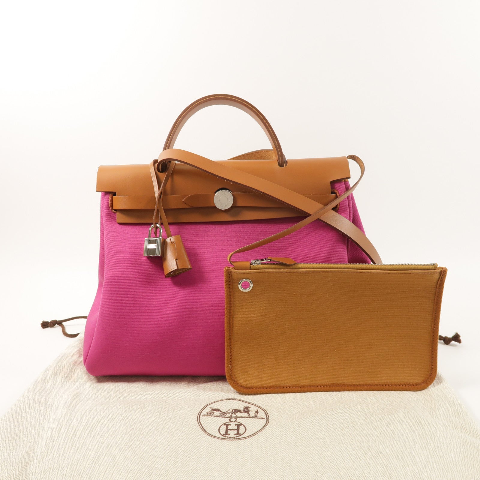 HERMES 帆布Herbag PM銀扣手挽肩背兩用袋Magnolia