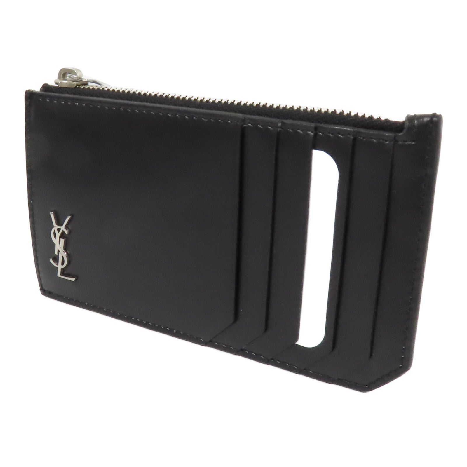 SAINT LAURENT 皮革Zip Card Case銀扣卡片套