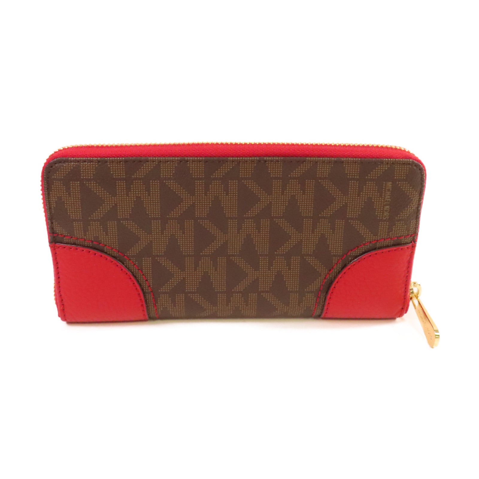 Michael Kors 塗層帆布Round Long Wallet金扣拉鏈長錢包啡色/紅色