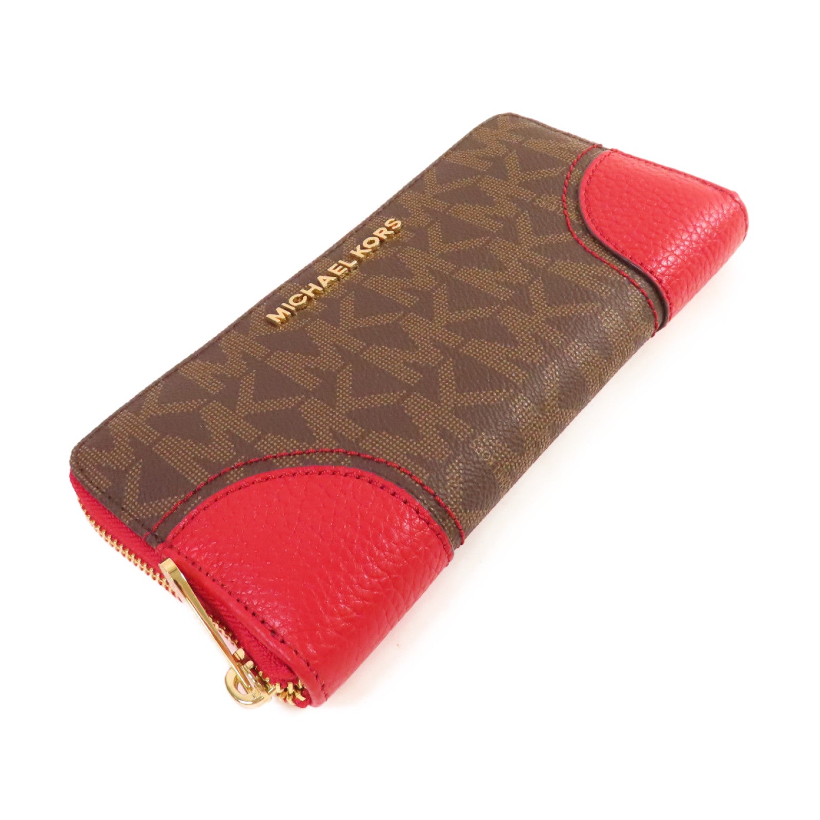 Michael Kors 塗層帆布Round Long Wallet金扣拉鏈長錢包啡色/紅色