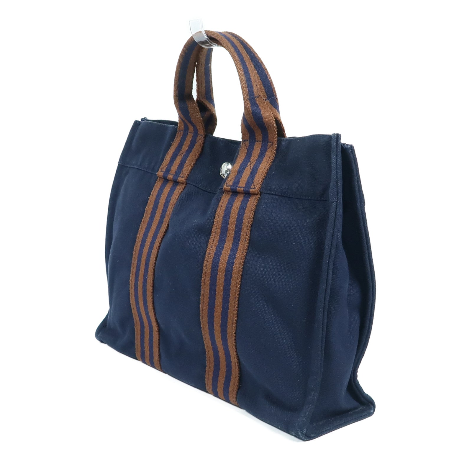 HERMES 帆布Fourre Tout Tote PM銀扣手挽袋Navy/Brown