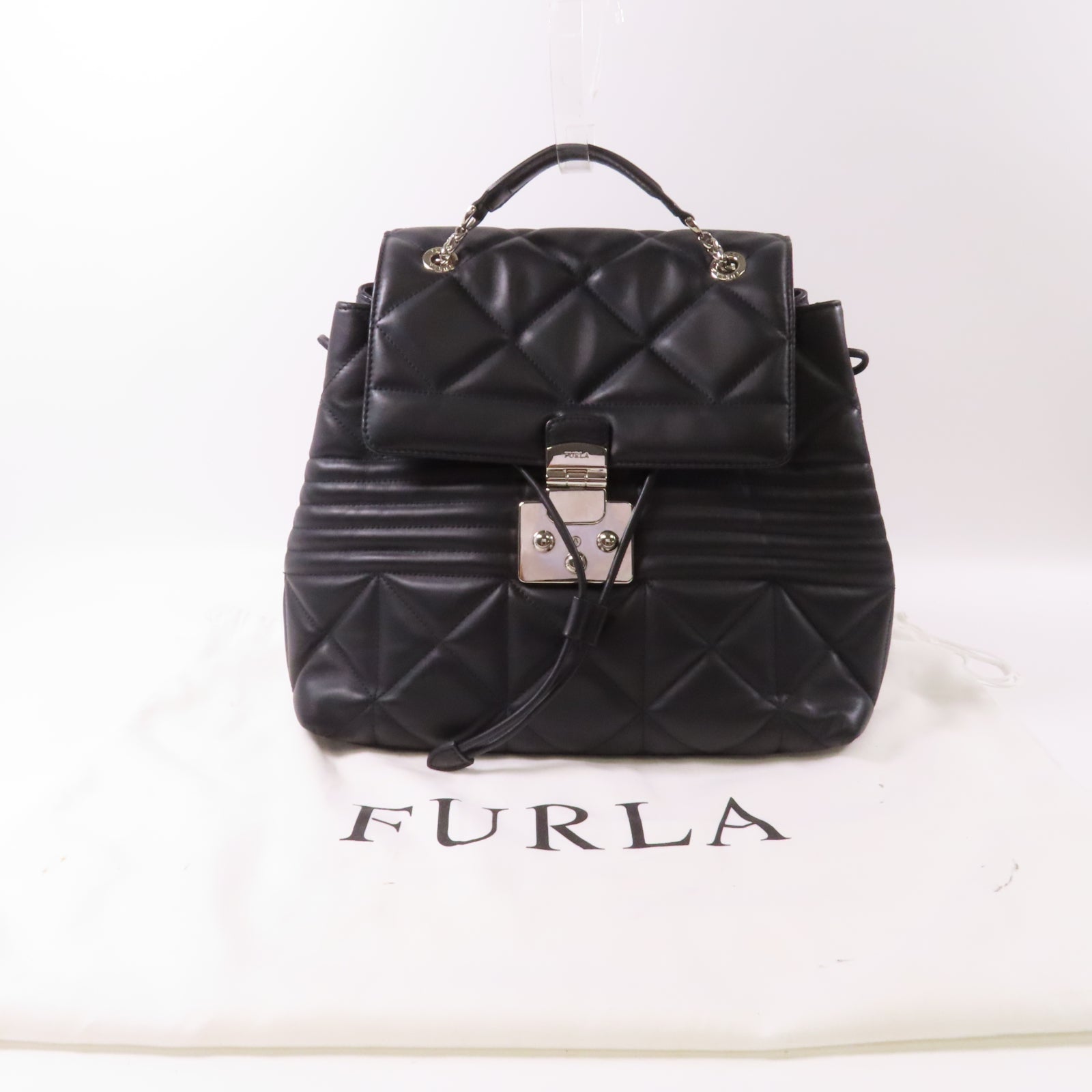 Furla 牛皮皮革Backpack銀扣鏈帶背包黑色
