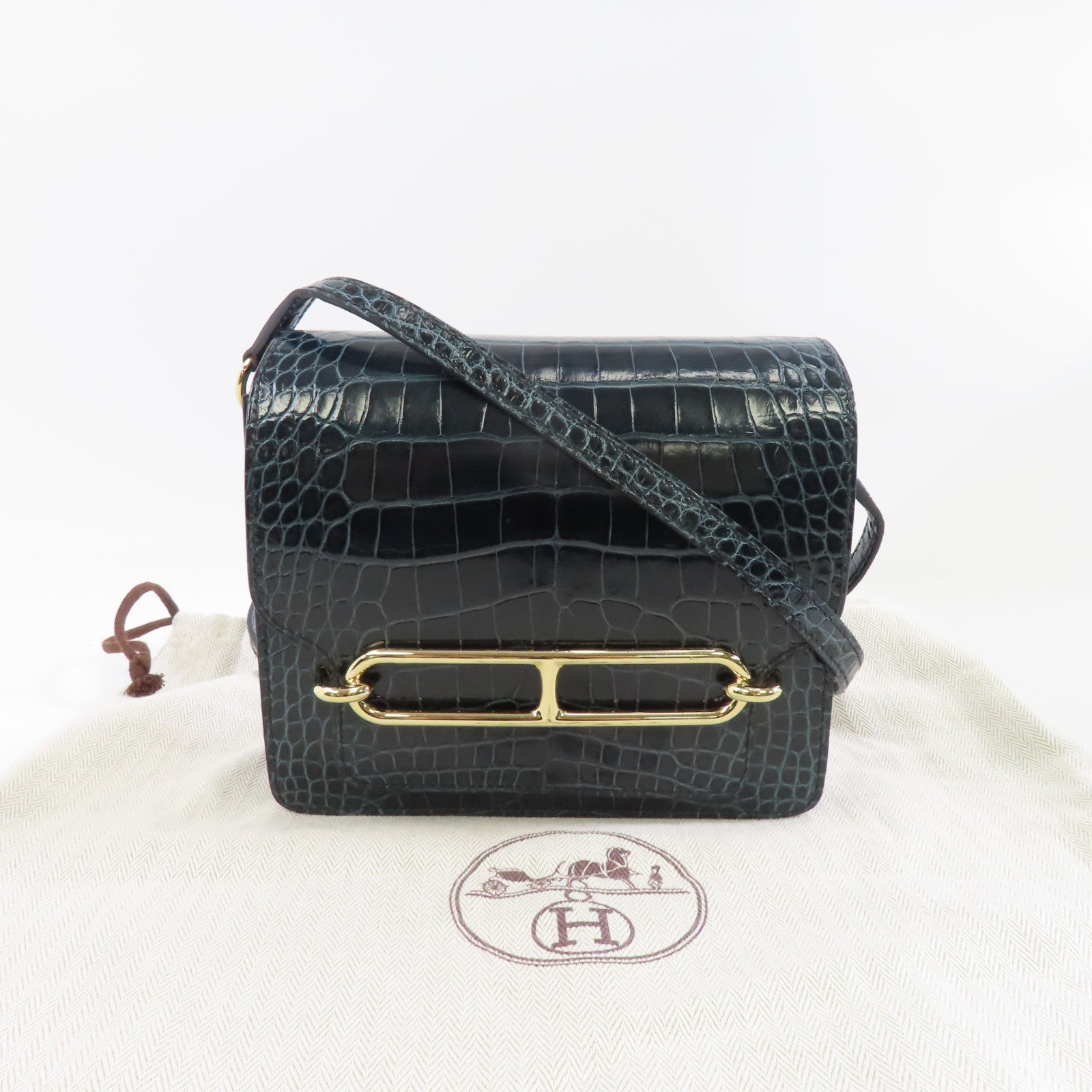 HERMES 鱷魚皮革Mini Roulis金扣肩背袋綠色
