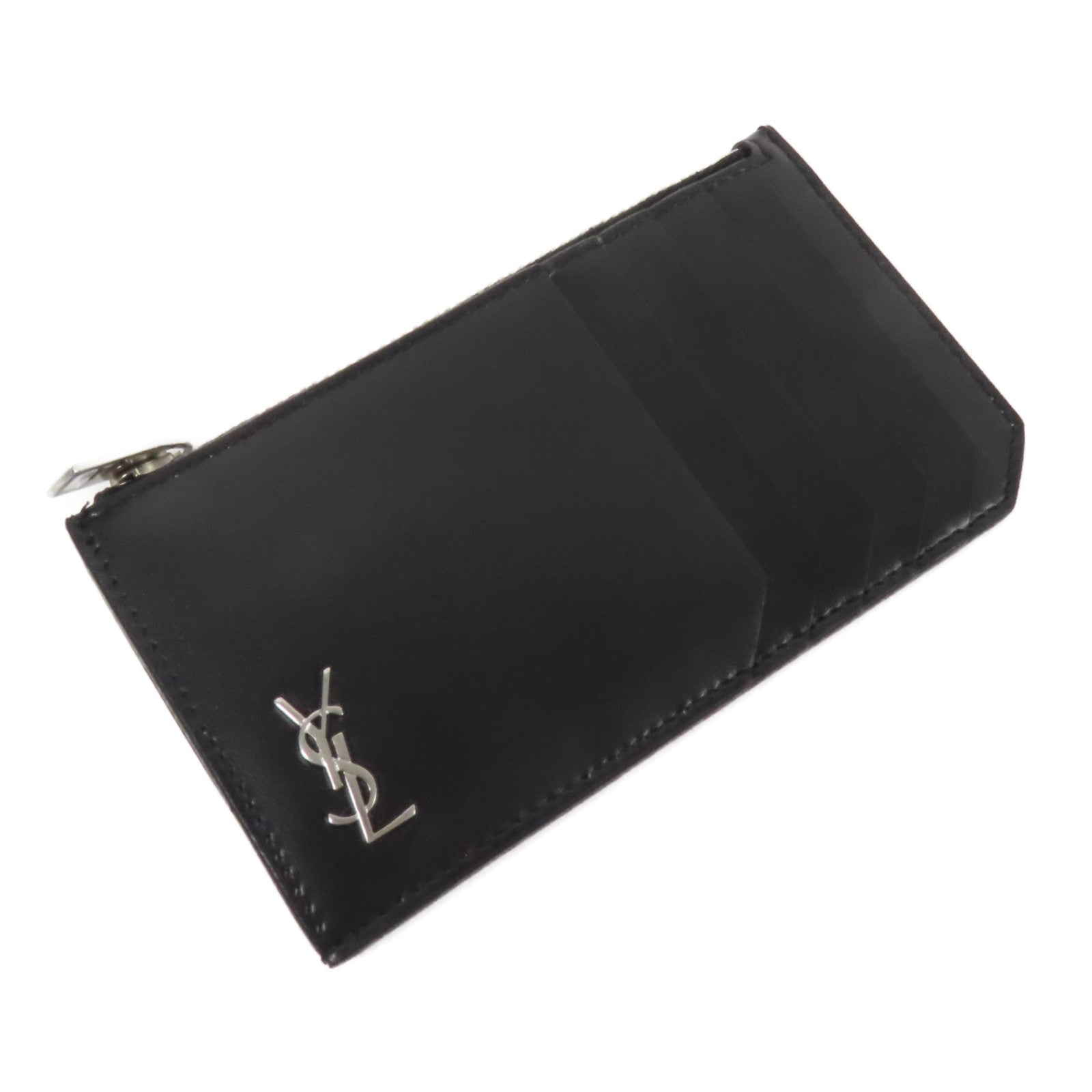 SAINT LAURENT 皮革Zip Card Case銀扣卡片套
