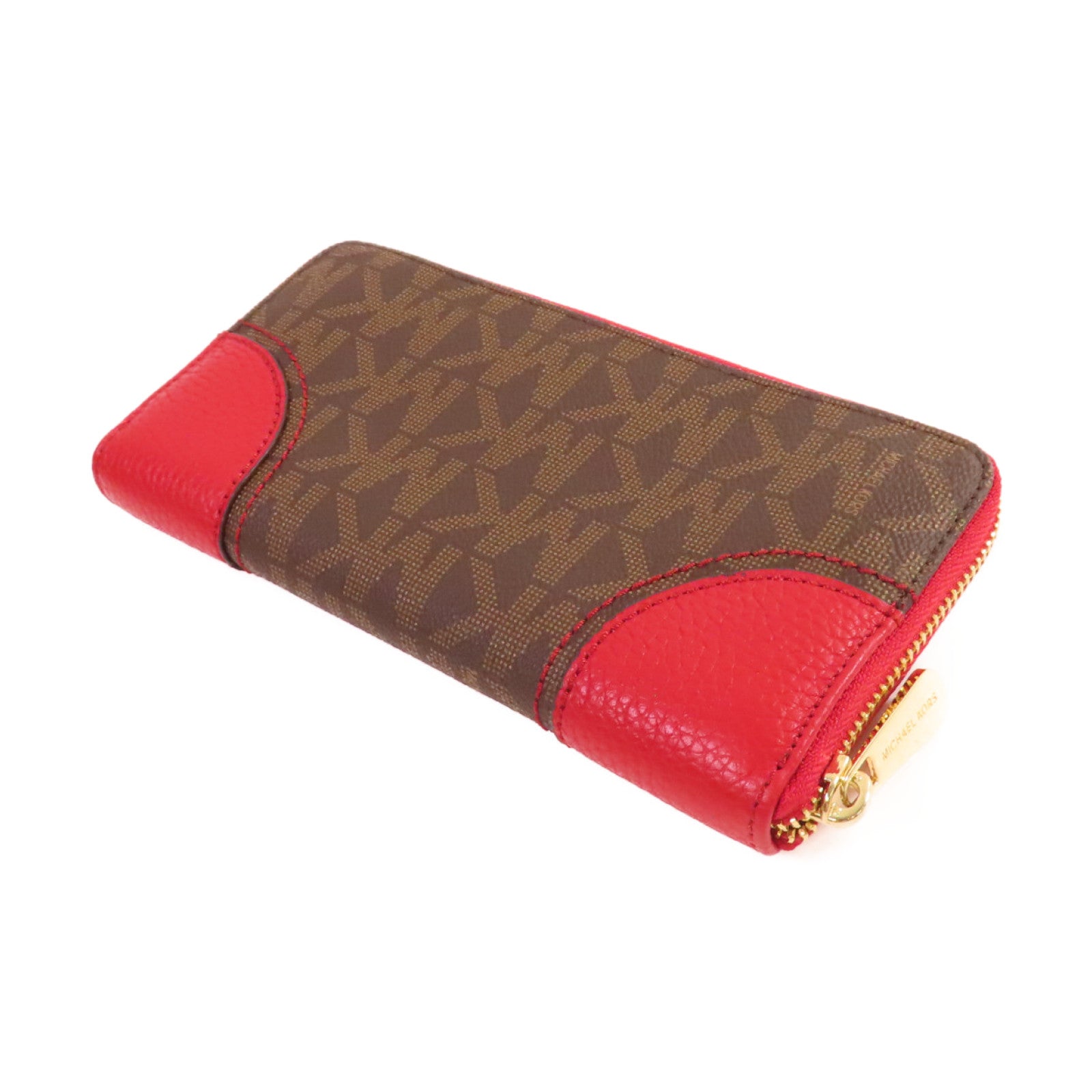 Michael Kors 塗層帆布Round Long Wallet金扣拉鏈長錢包啡色/紅色