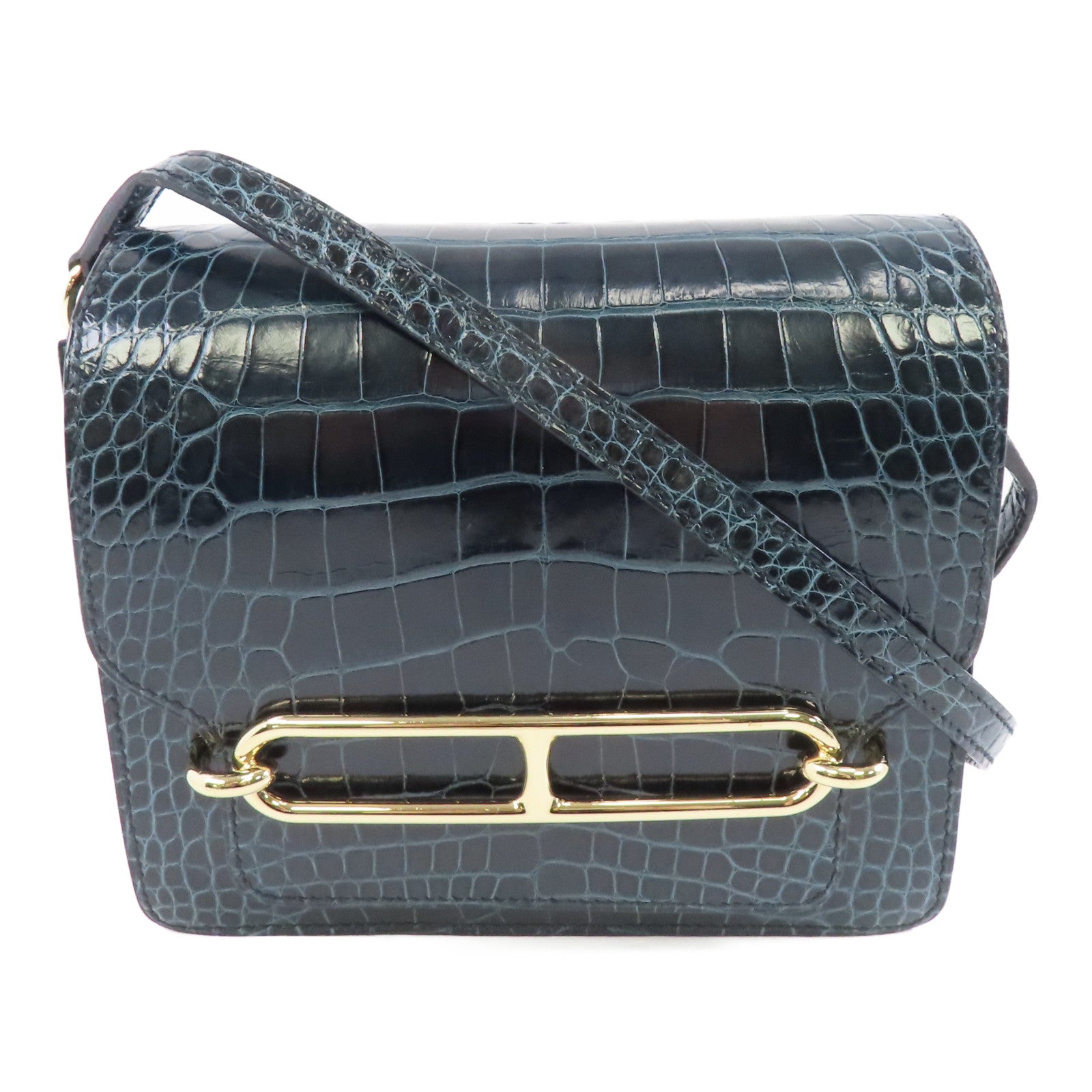 HERMES 鱷魚皮革Mini Roulis金扣肩背袋綠色