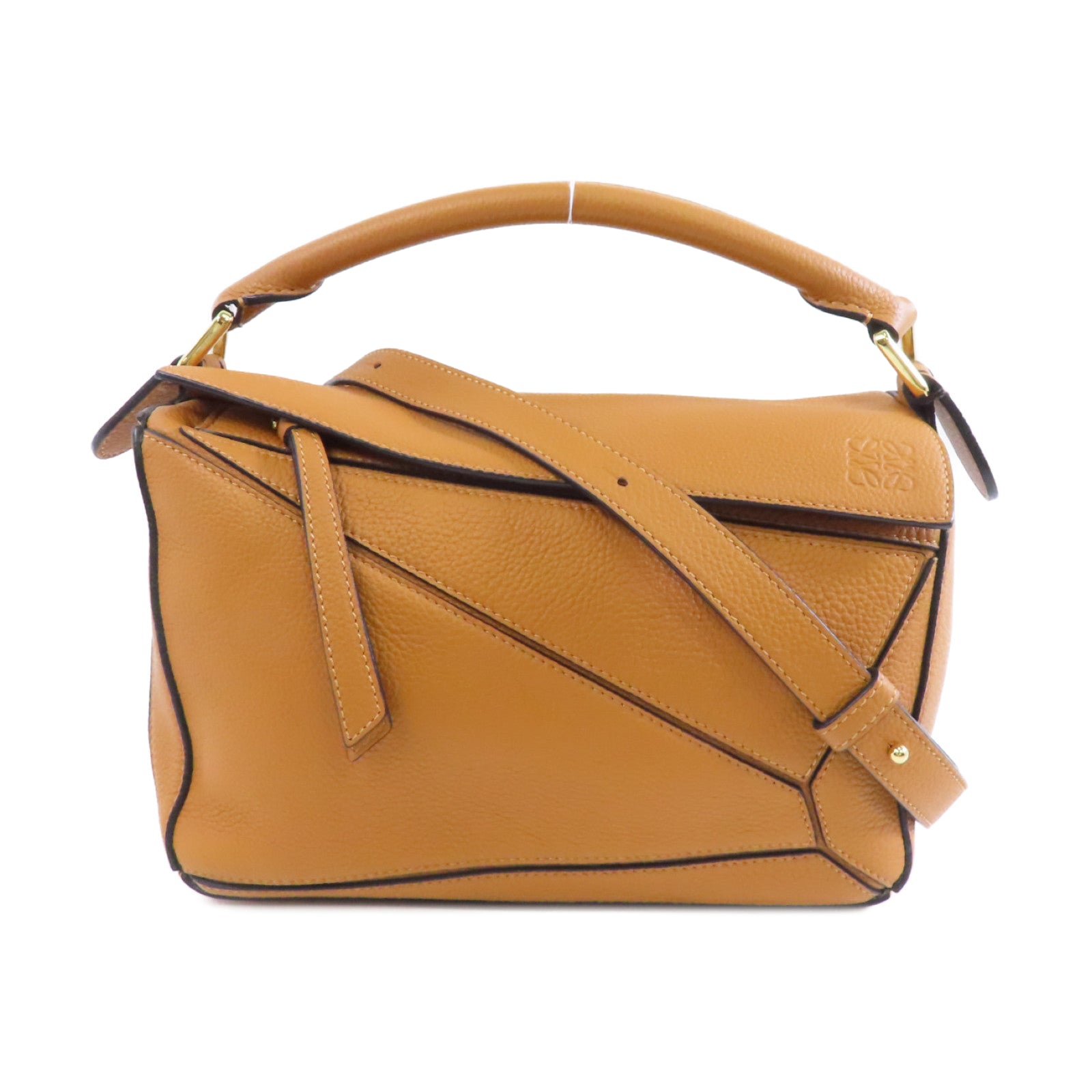 LOEWE 牛皮皮革Puzzle Small金扣手挽肩背兩用袋棕色