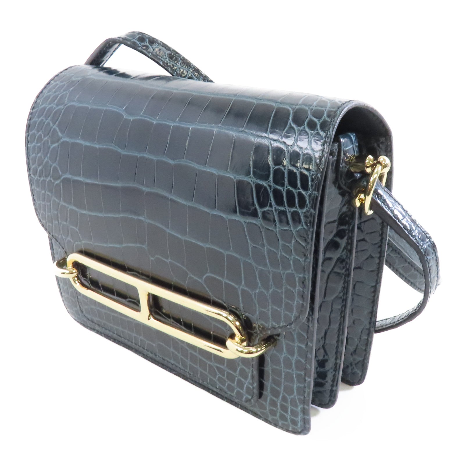 HERMES 鱷魚皮革Mini Roulis金扣肩背袋綠色