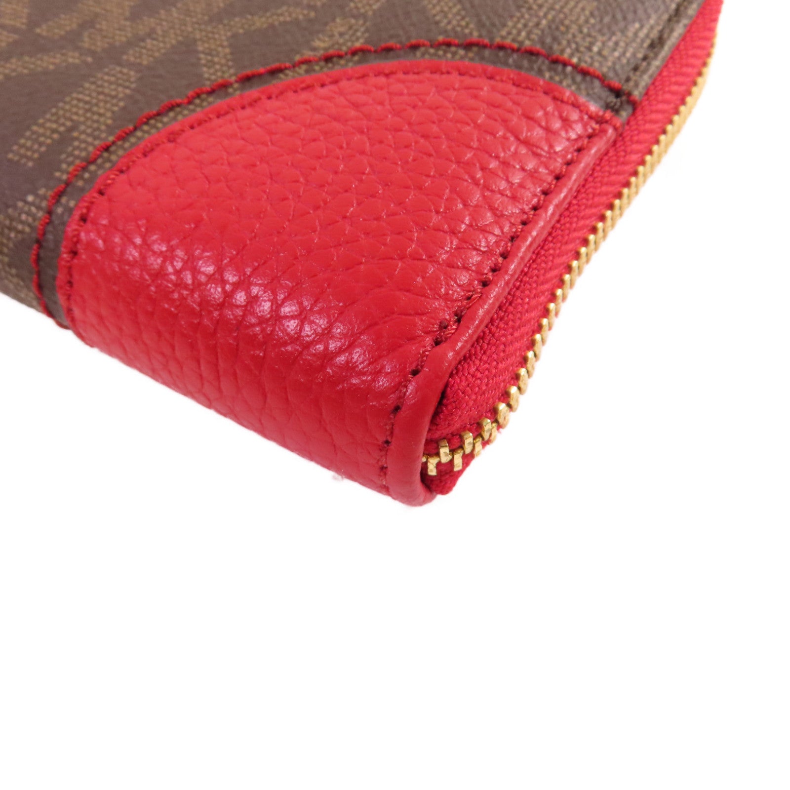Michael Kors 塗層帆布Round Long Wallet金扣拉鏈長錢包啡色/紅色