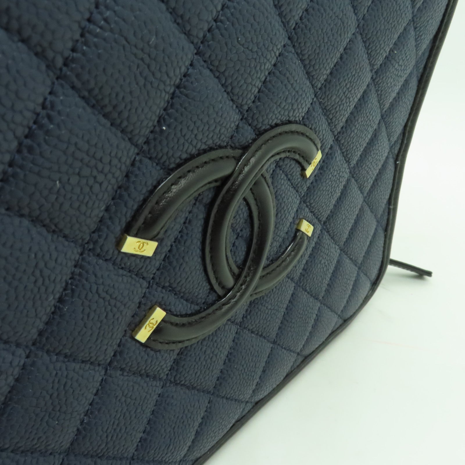 CHANEL 【激減優惠】菱格Caviar皮革Filigree Vanity Case金扣手挽肩背兩用袋藍色