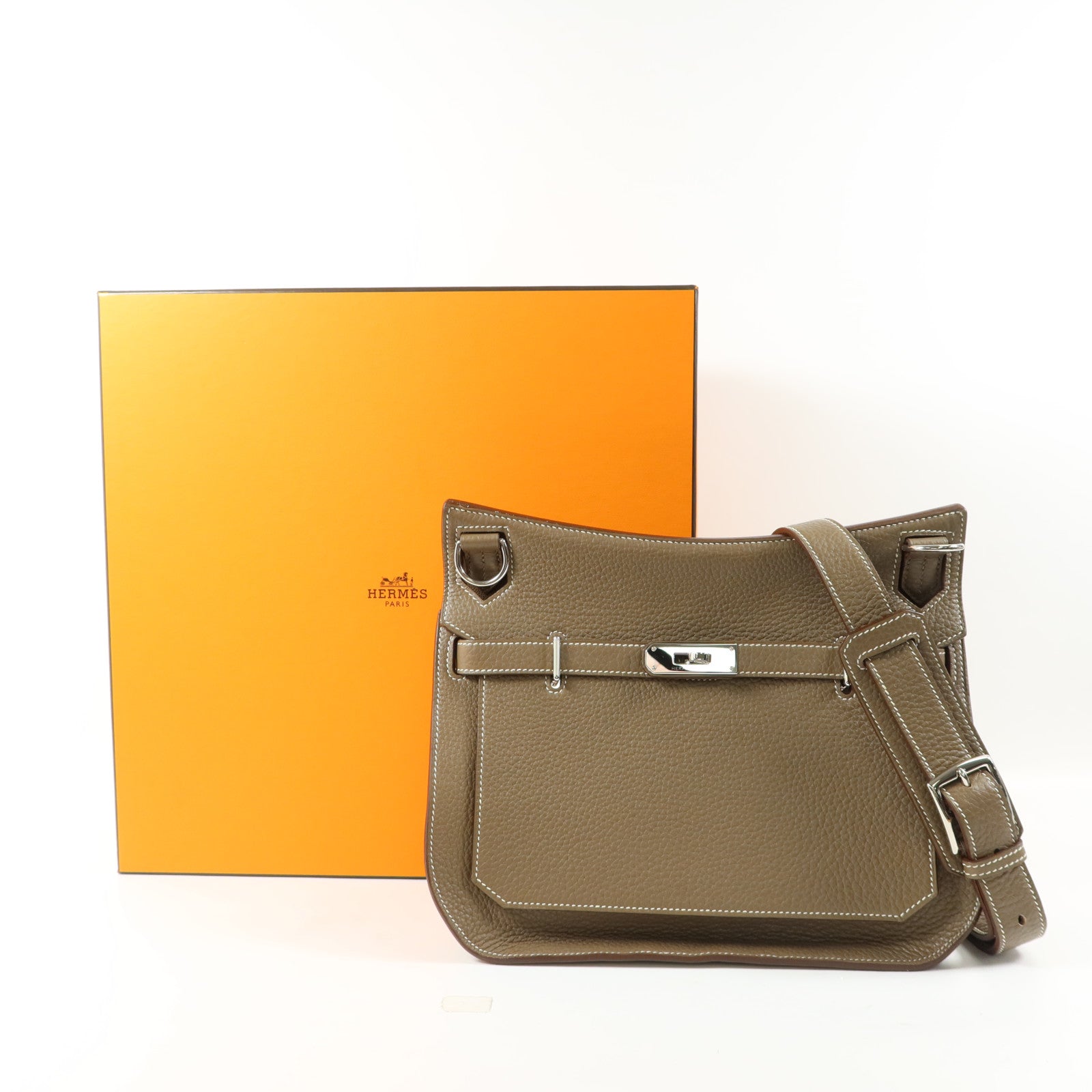 HERMES Clemence皮革Jypsiere 28銀扣肩背袋Etoupe