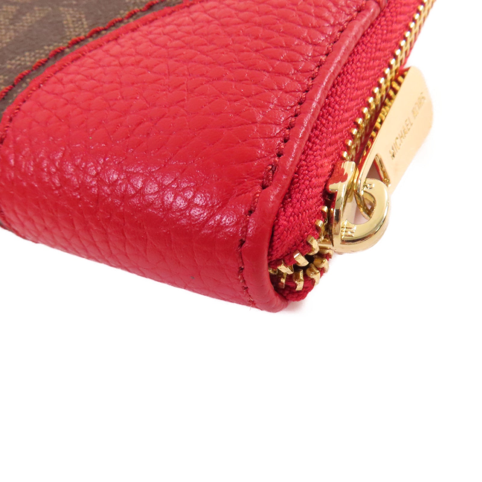 Michael Kors 塗層帆布Round Long Wallet金扣拉鏈長錢包啡色/紅色