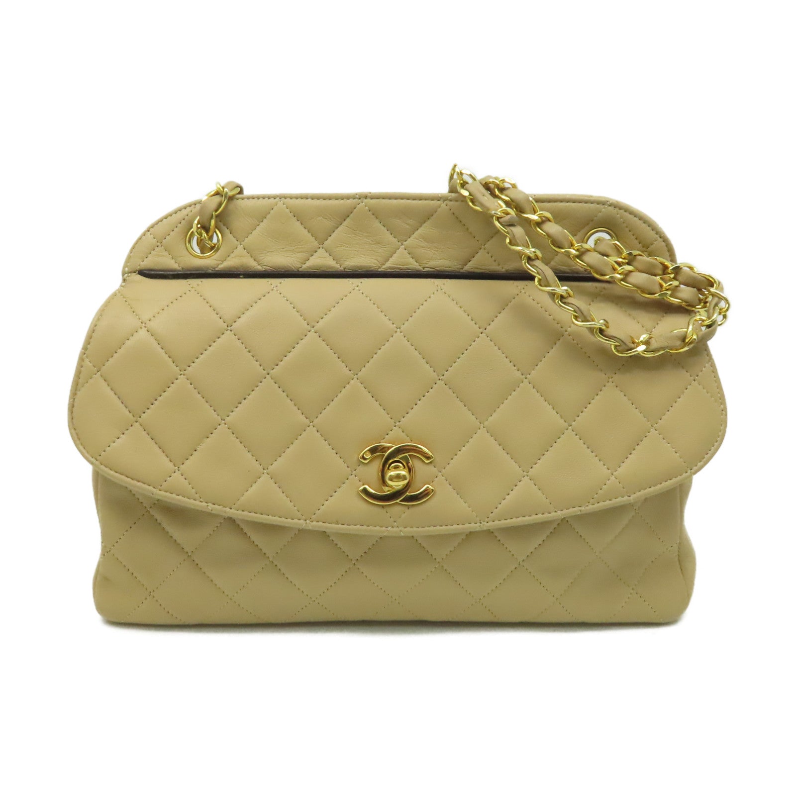 CHANEL 【激減優惠】菱格羊皮皮革Chain Shoulder Bag金扣鏈帶肩背袋杏色
