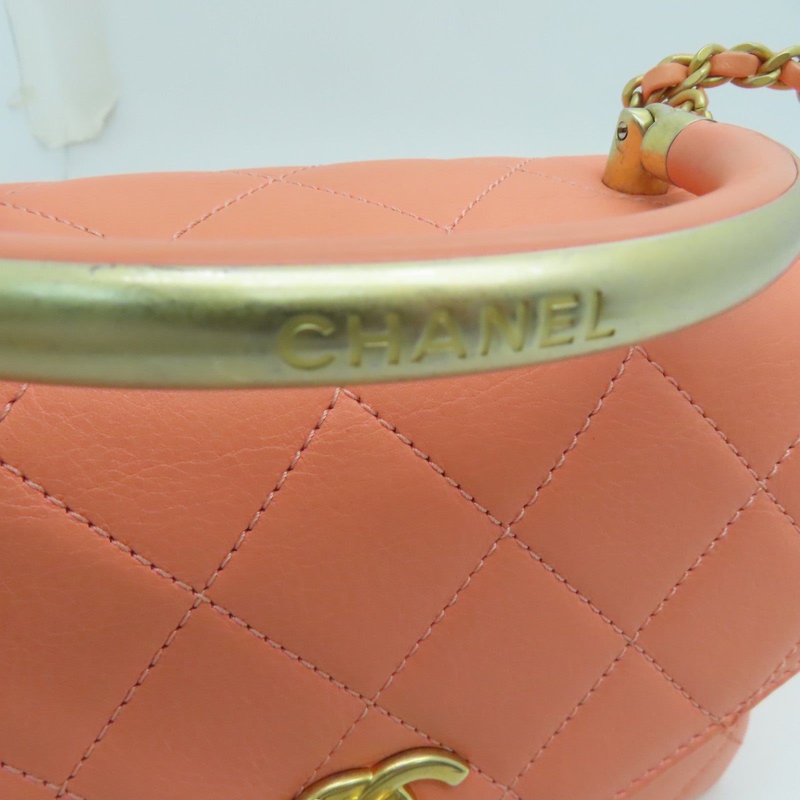 CHANEL 【清倉大減價】菱格牛皮皮革Chain Shoulder金扣手挽肩背兩用袋粉紅色
