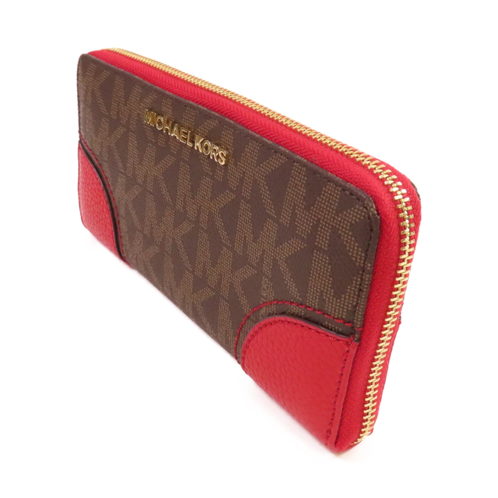Michael Kors 塗層帆布Round Long Wallet金扣拉鏈長錢包啡色/紅色