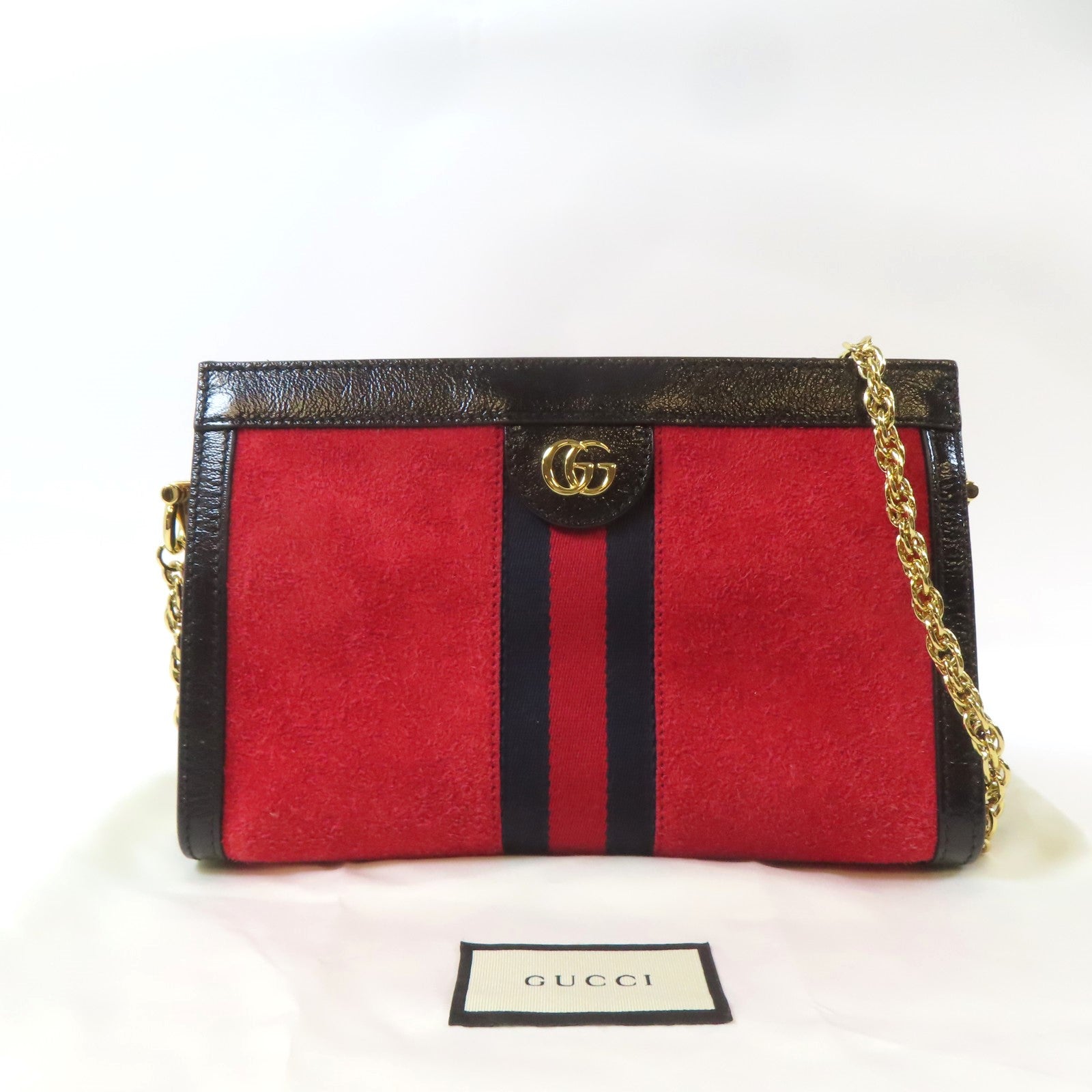 GUCCI 麂皮皮革Ophidia金扣鏈帶肩背袋紅色/黑色– Brand Off Hong