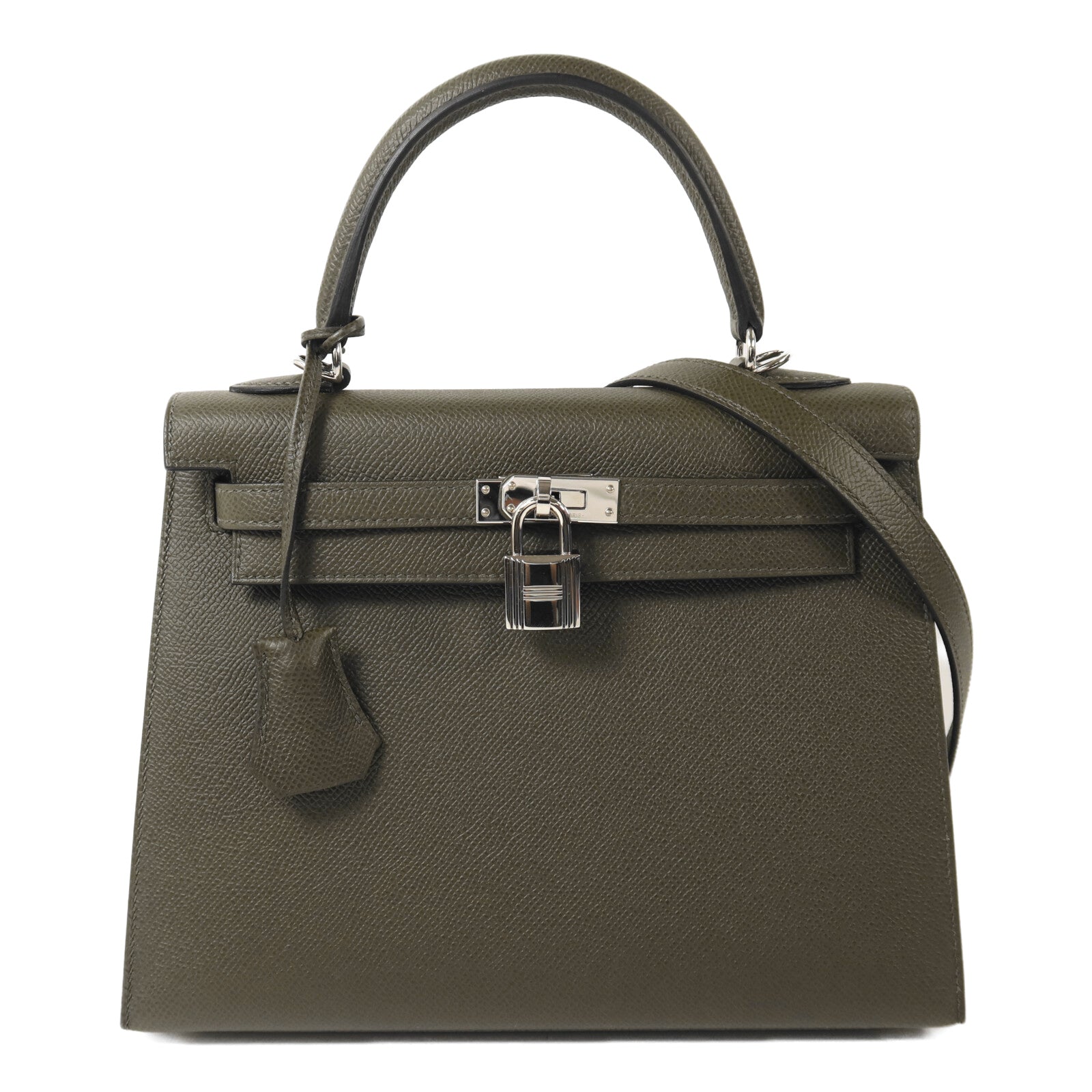 HERMES Epsom皮革Kelly 25銀扣手挽肩背兩用袋Vert de Gris