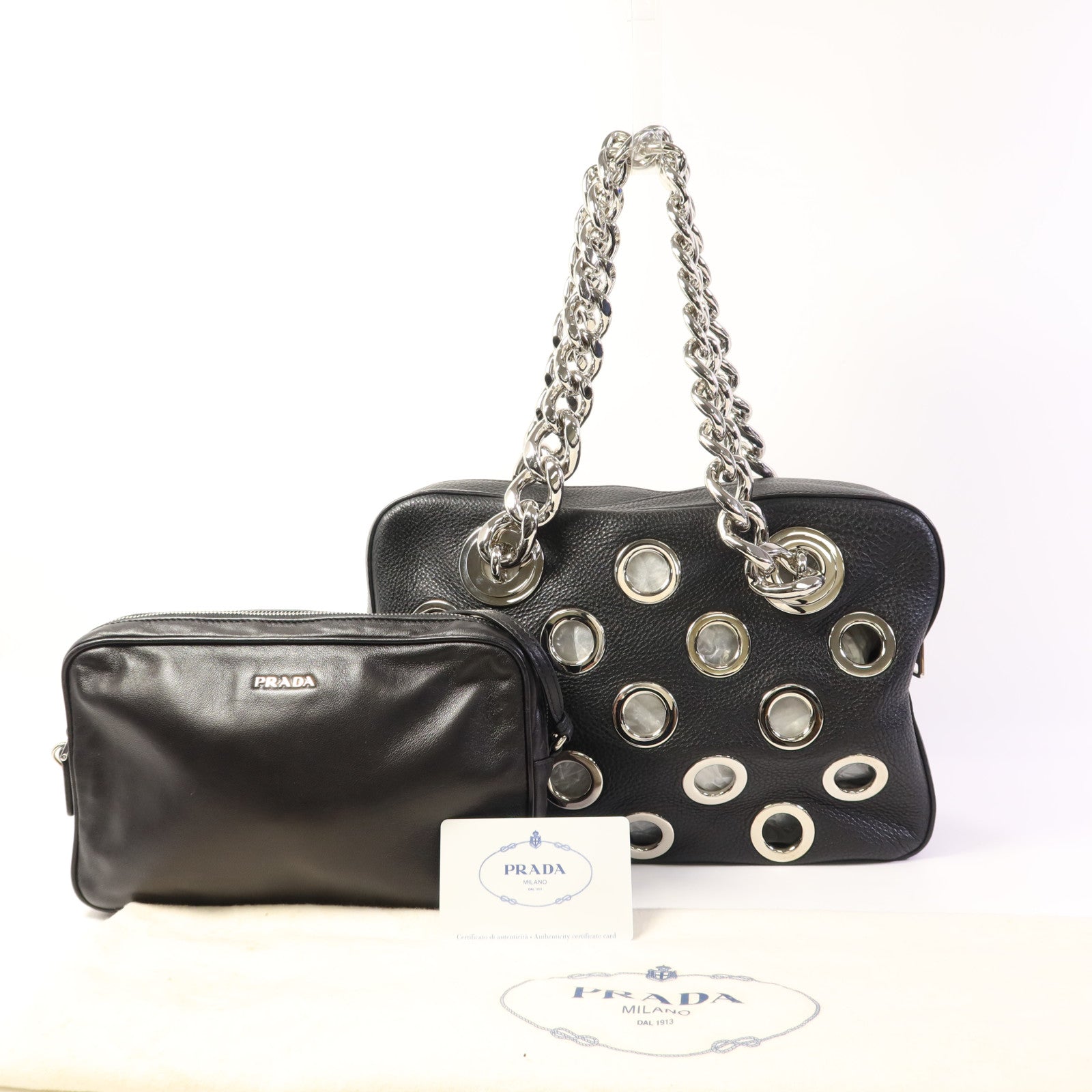 PRADA 牛皮皮革Chain Shoulder Bag銀扣肩背袋