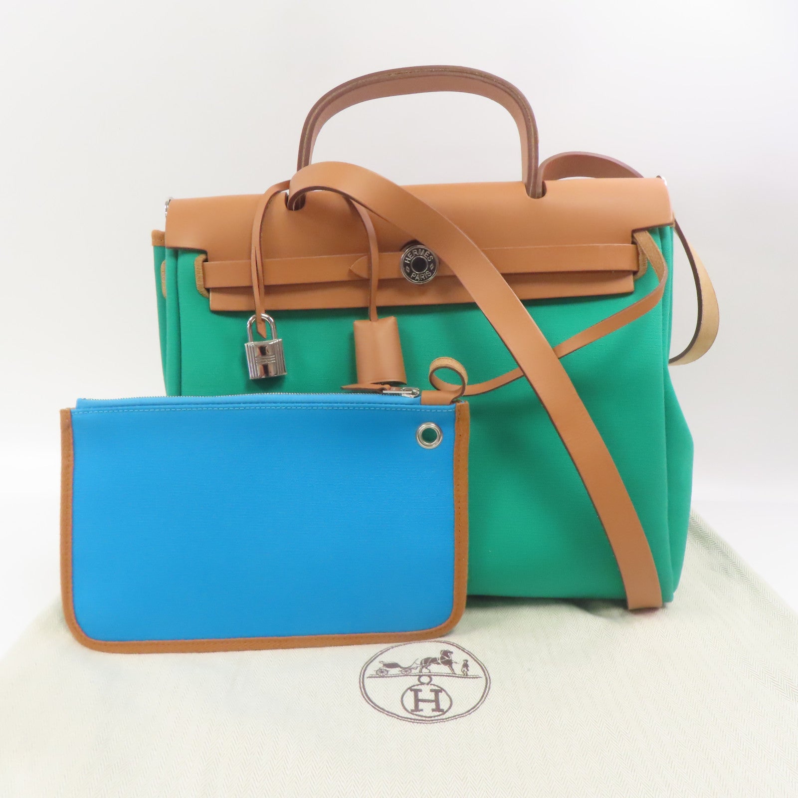 HERMES 帆布Herbag PM銀扣手挽肩背兩用袋薄荷綠色/湖水藍色