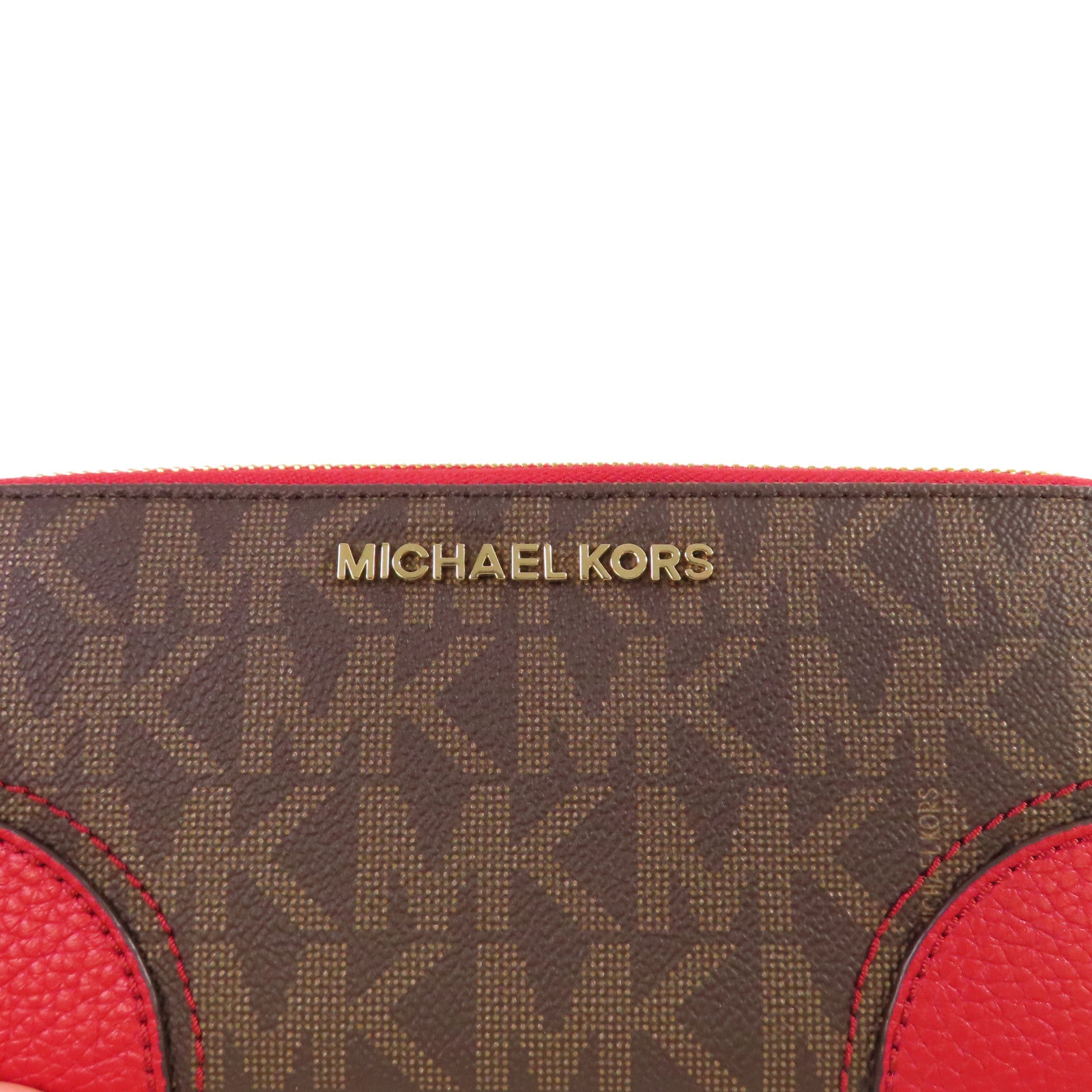 Michael Kors 塗層帆布Round Long Wallet金扣拉鏈長錢包啡色/紅色