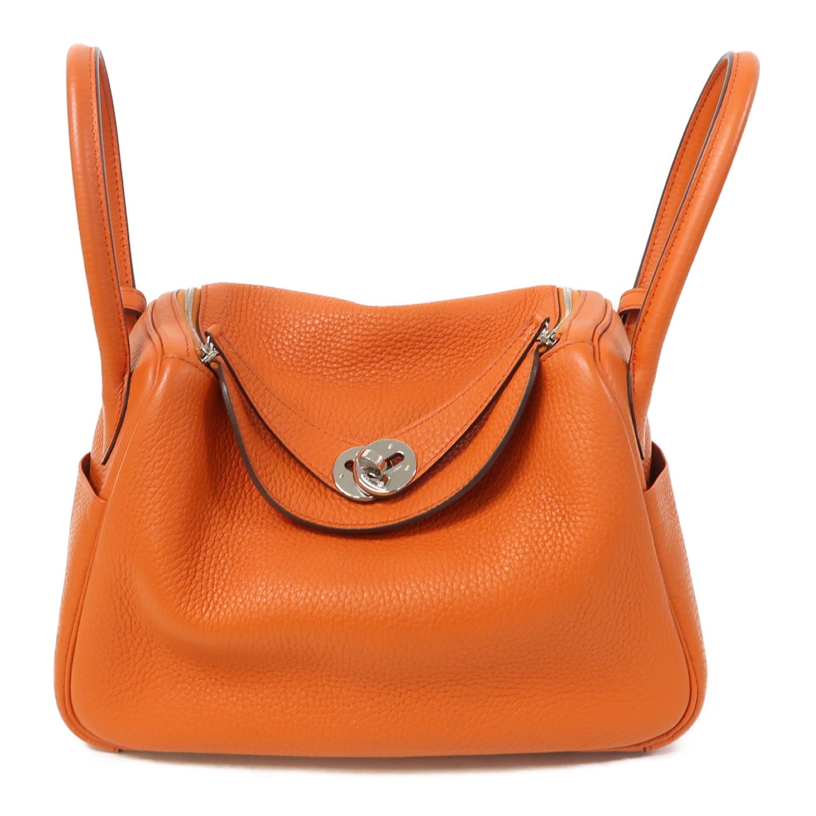 HERMES Clemence皮革Lindy 26銀扣手挽肩背兩用袋Terre Battue橙色