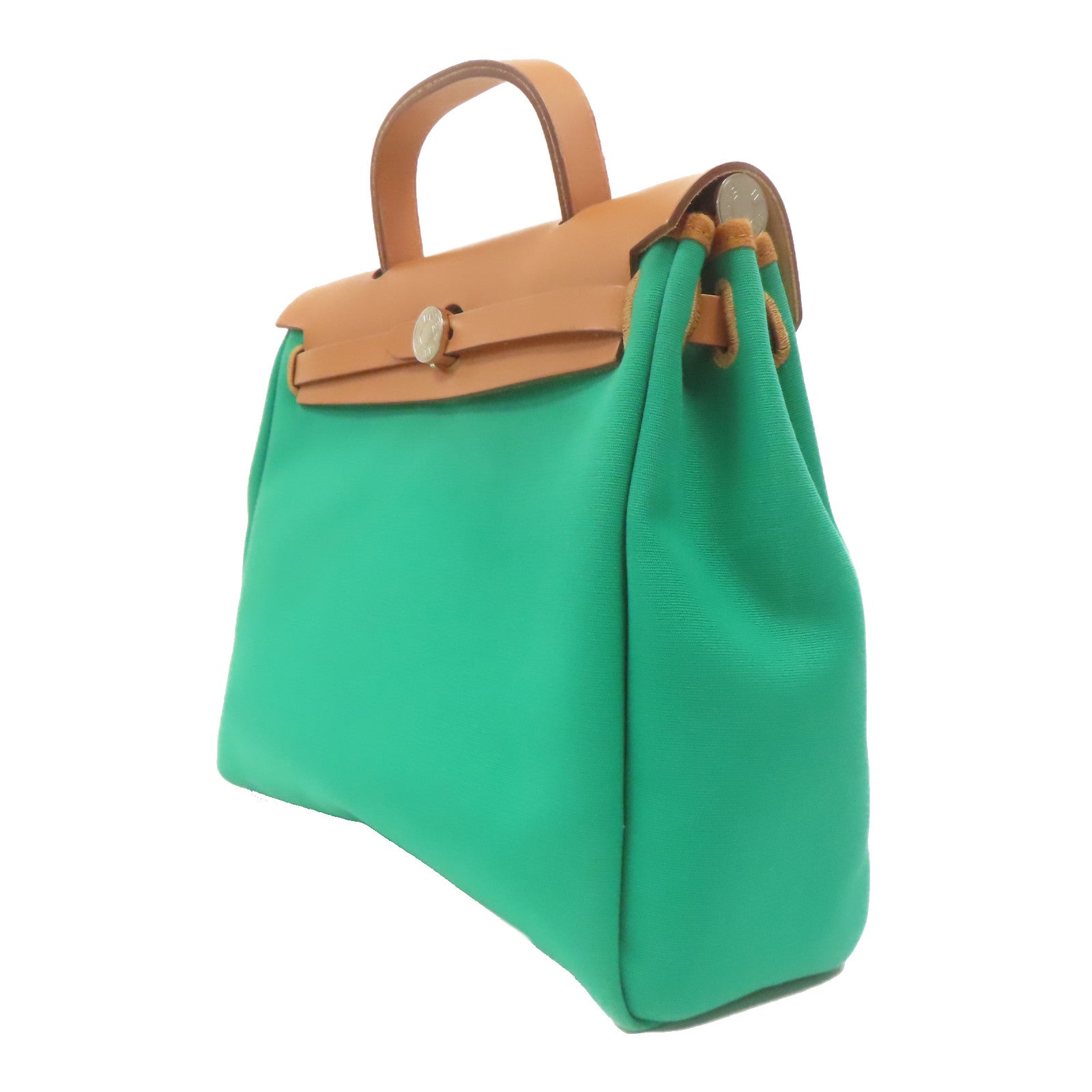 HERMES 帆布Herbag PM銀扣手挽肩背兩用袋薄荷綠色/湖水藍色