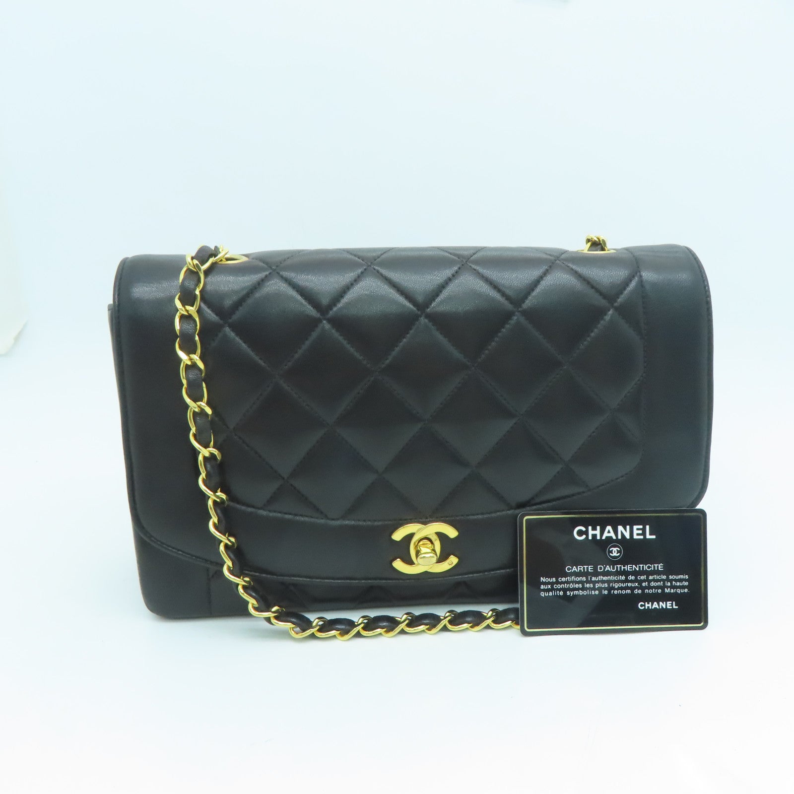 CHANEL 【激減優惠】菱格羊皮皮革Diana Chain Shoulder金扣鏈帶肩背袋黑色