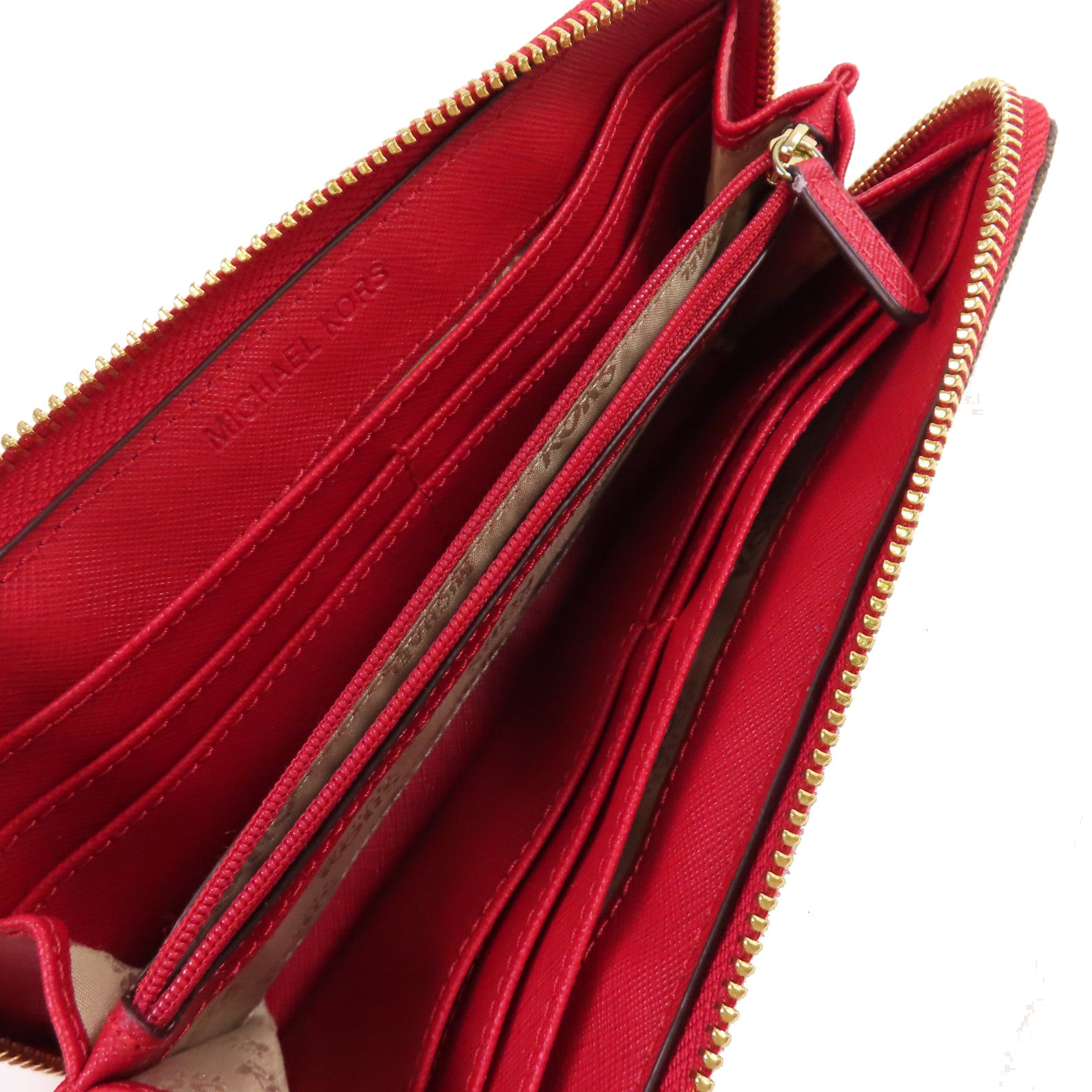 Michael Kors 塗層帆布Round Long Wallet金扣拉鏈長錢包啡色/紅色