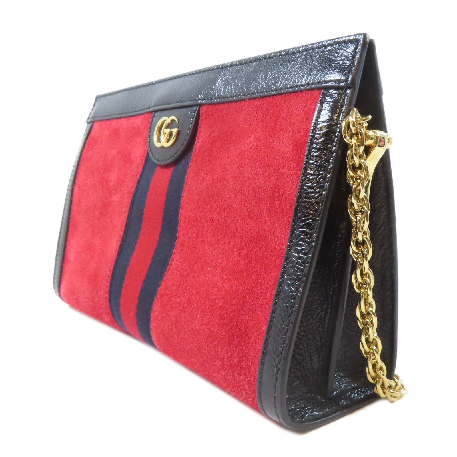 GUCCI 麂皮皮革Ophidia金扣鏈帶肩背袋紅色/黑色