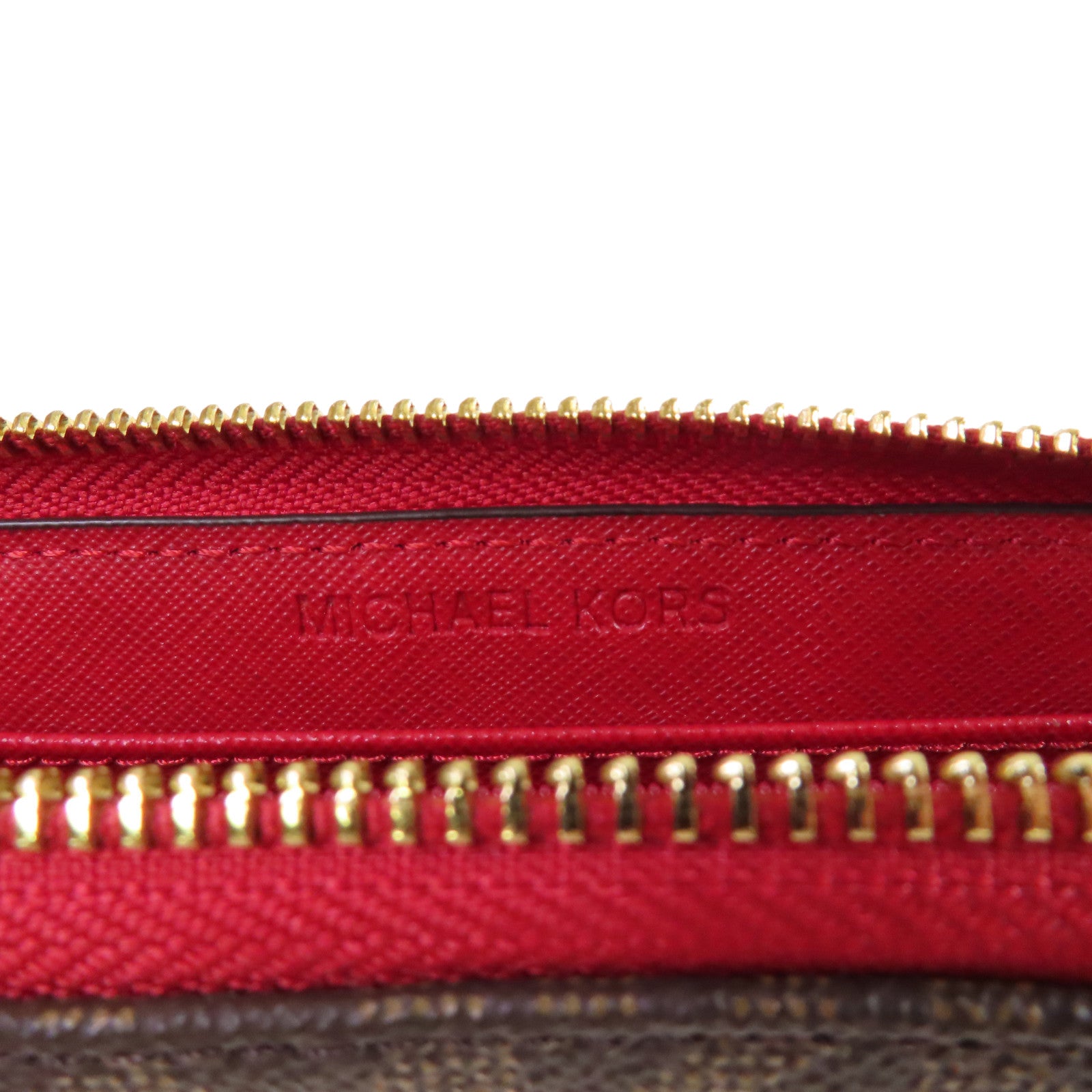 Michael Kors 塗層帆布Round Long Wallet金扣拉鏈長錢包啡色/紅色