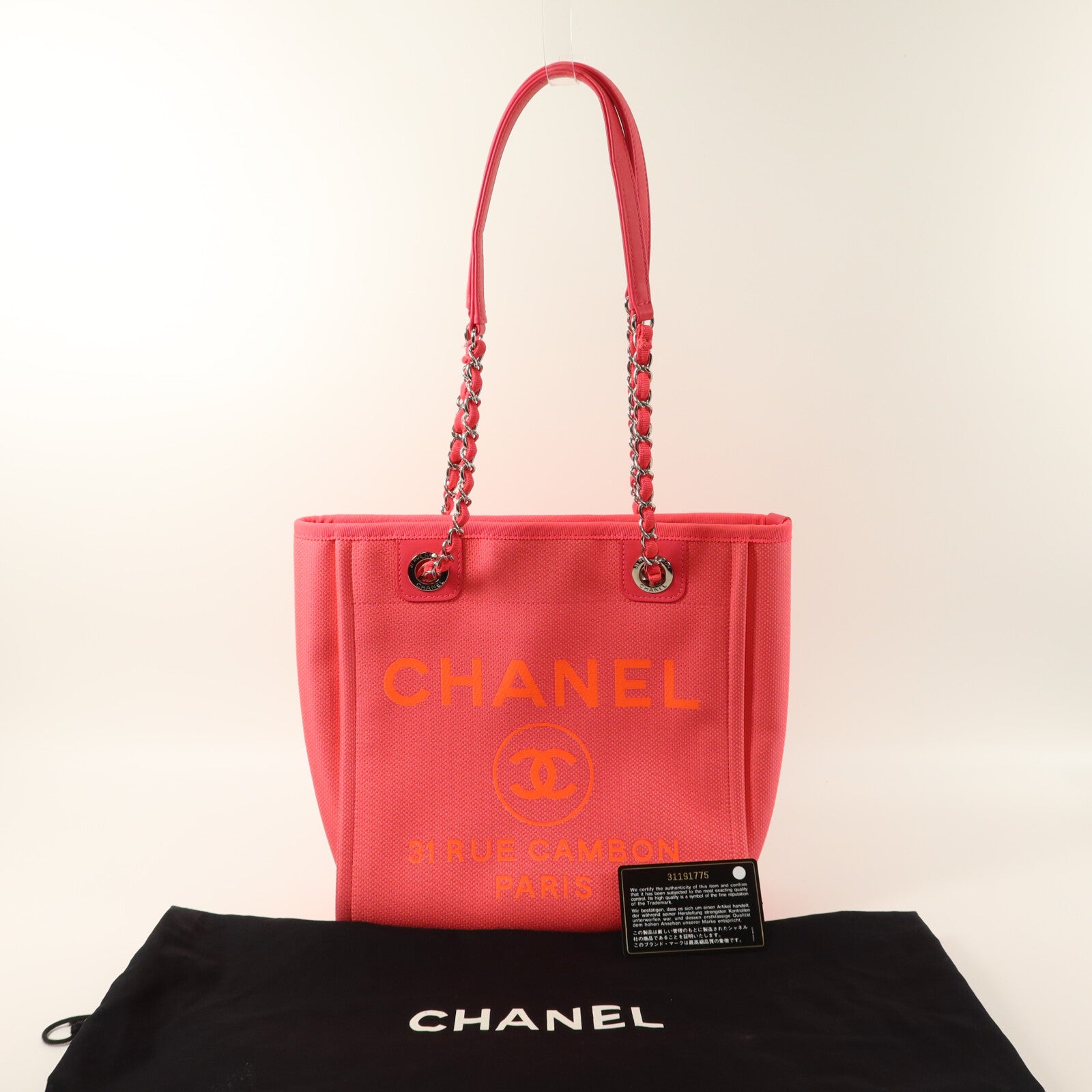 CHANEL 帆布Deauville PM Tote Bag鏈帶肩背袋
