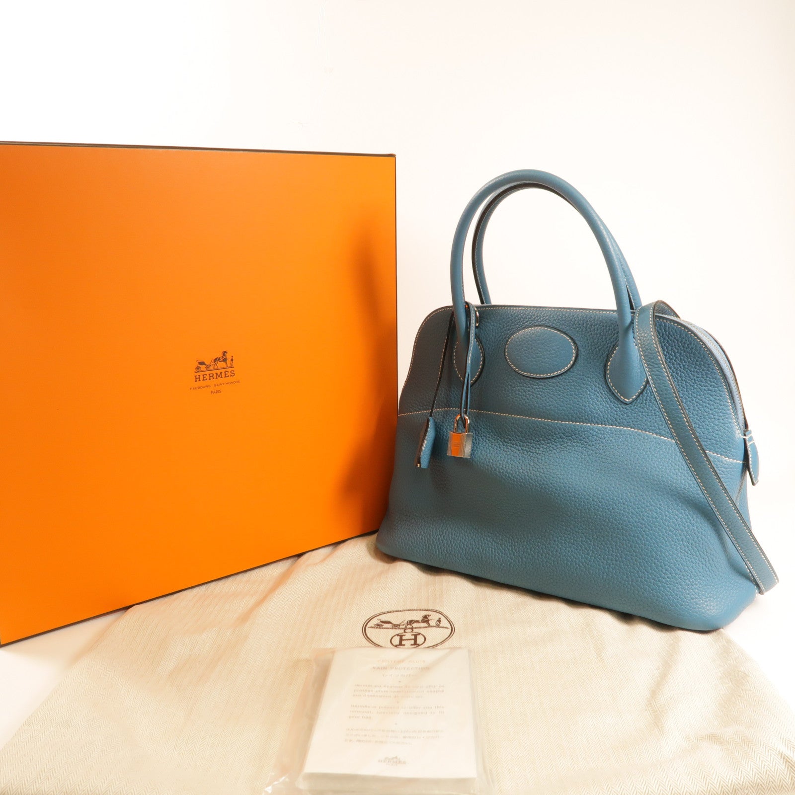 HERMES Clemence皮革Bolide 31銀扣手挽肩背兩用袋牛仔藍色