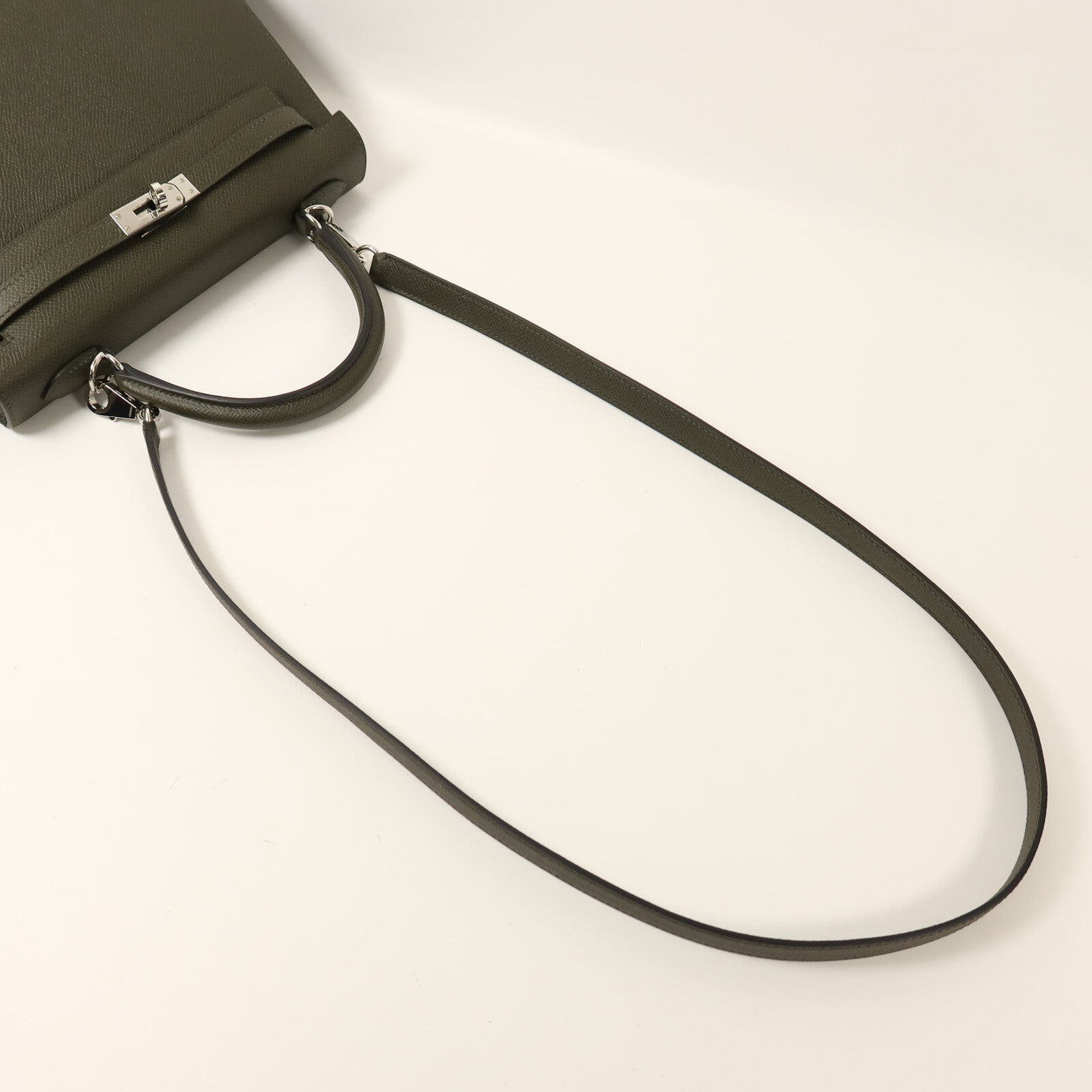 HERMES Epsom皮革Kelly 25銀扣手挽肩背兩用袋Vert de Gris