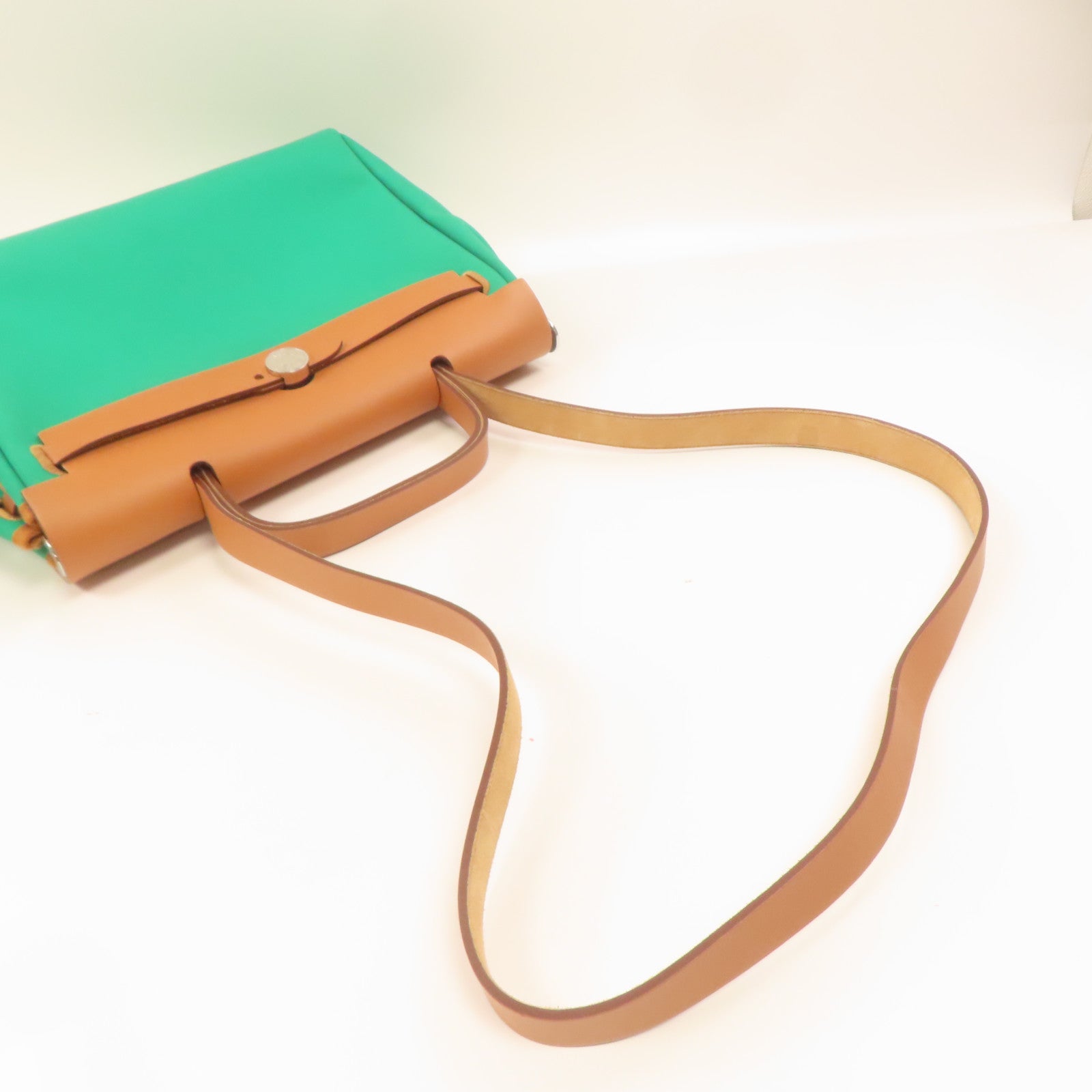 HERMES 帆布Herbag PM銀扣手挽肩背兩用袋薄荷綠色/湖水藍色