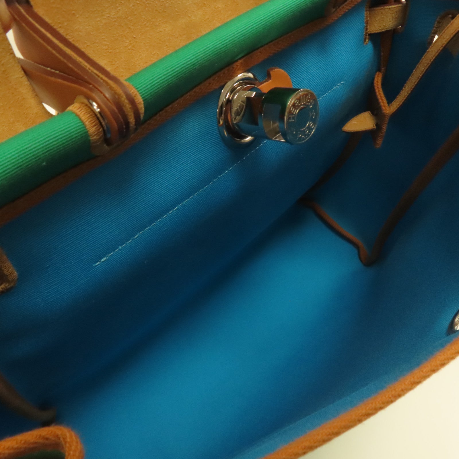 HERMES 帆布Herbag PM銀扣手挽肩背兩用袋薄荷綠色/湖水藍色