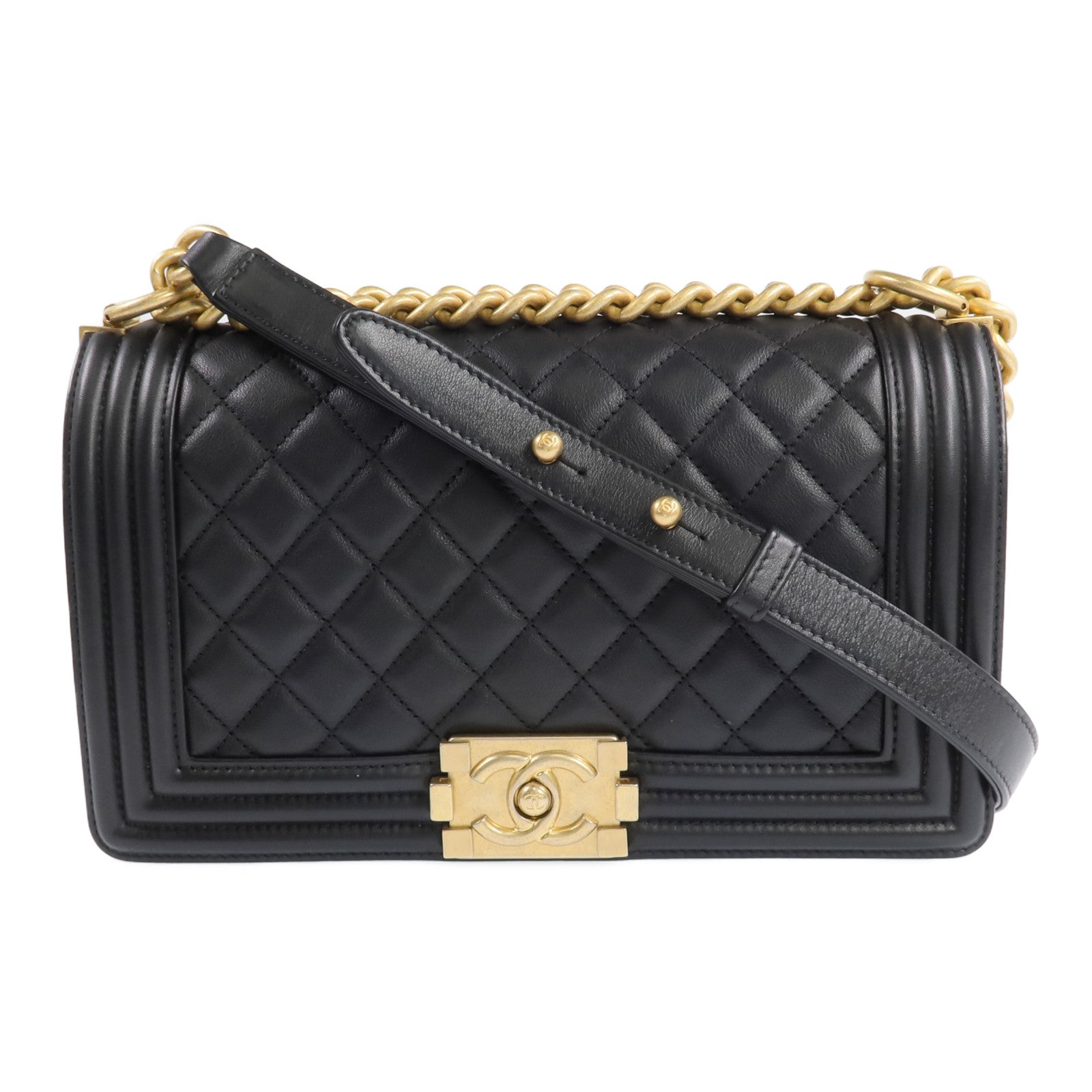 CHANEL 牛皮皮革Boy 25金扣鏈帶肩背袋