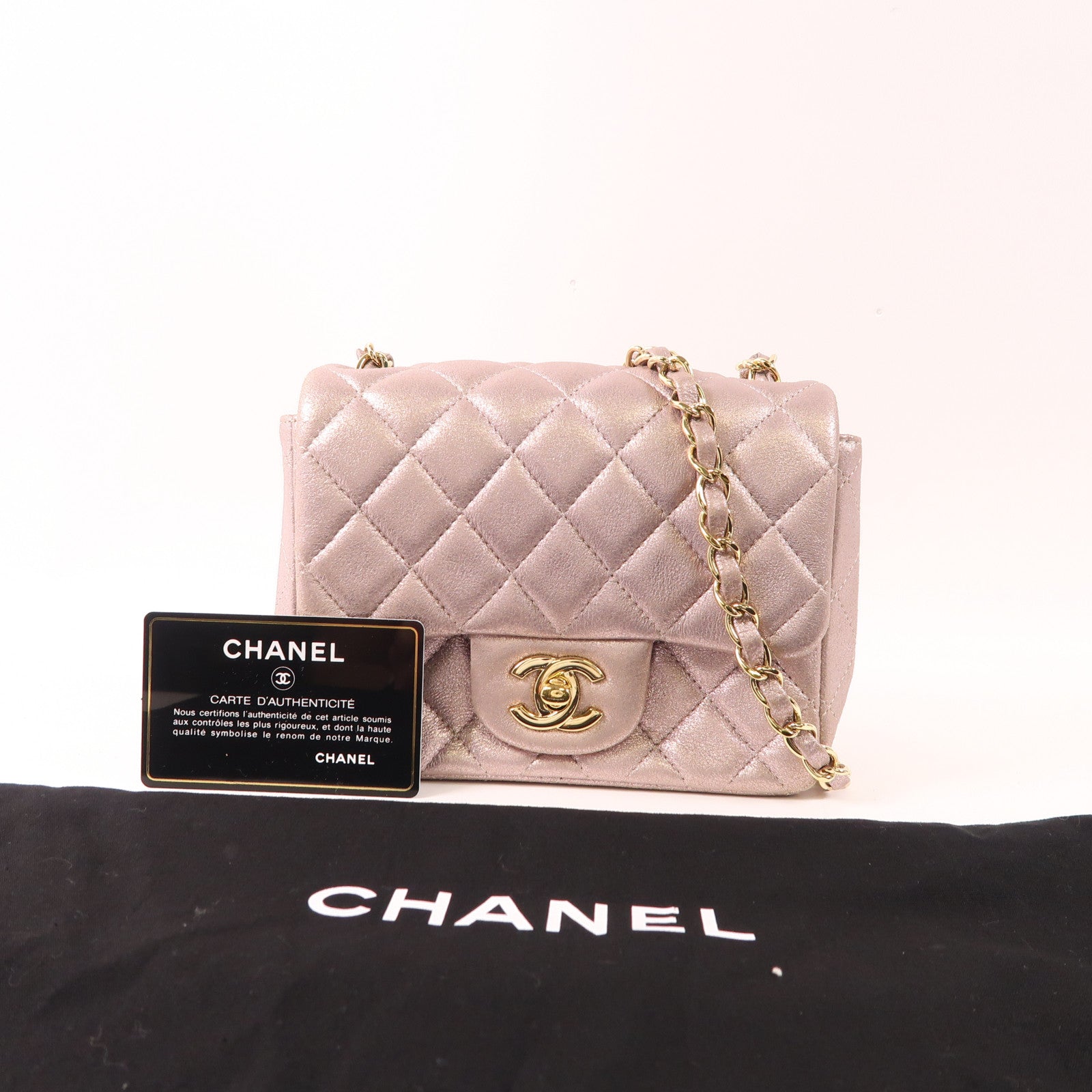 CHANEL CC GHW Mini Classic 17 Chain Shoulder Bag Calfskin Leather Metallic Pink